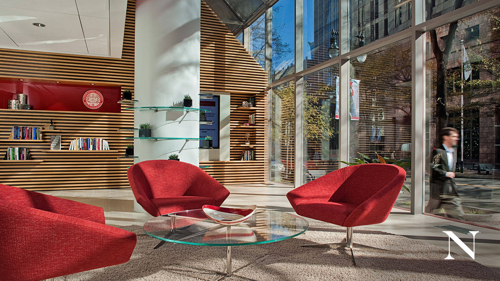 Northeastern University, lounge, bold red chairs, HD Desktop Wallpaper