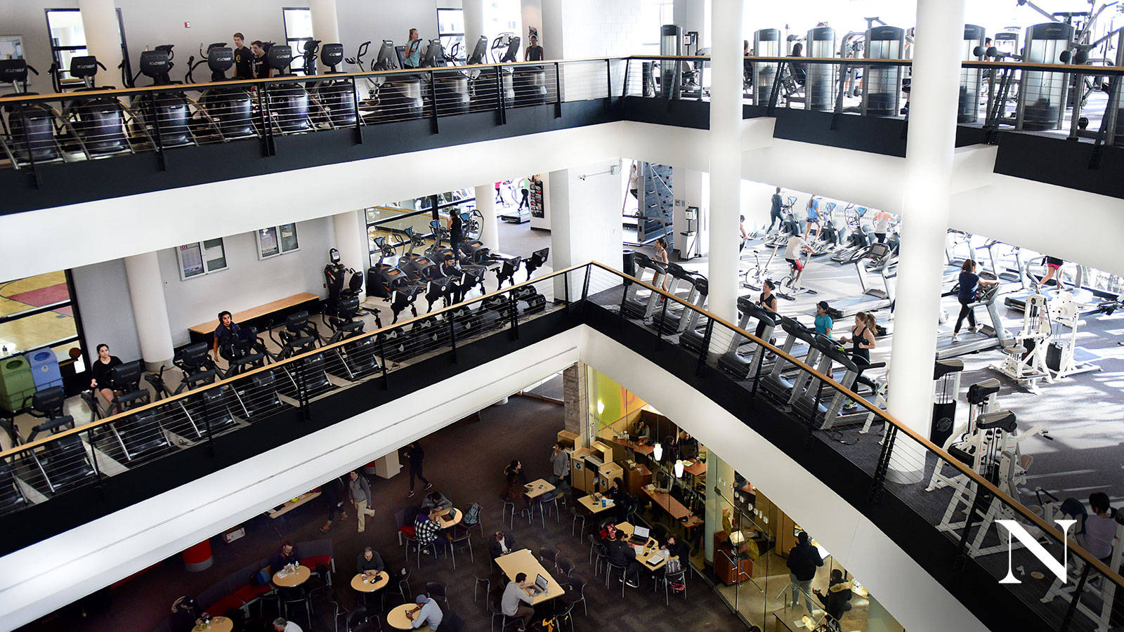 Northeastern University, student spaces, multi-level gym, HD Desktop Wallpaper