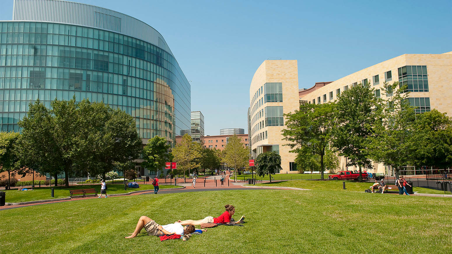 Northeastern University, vibrant green grass, clear blue sky, HD Desktop Wallpaper