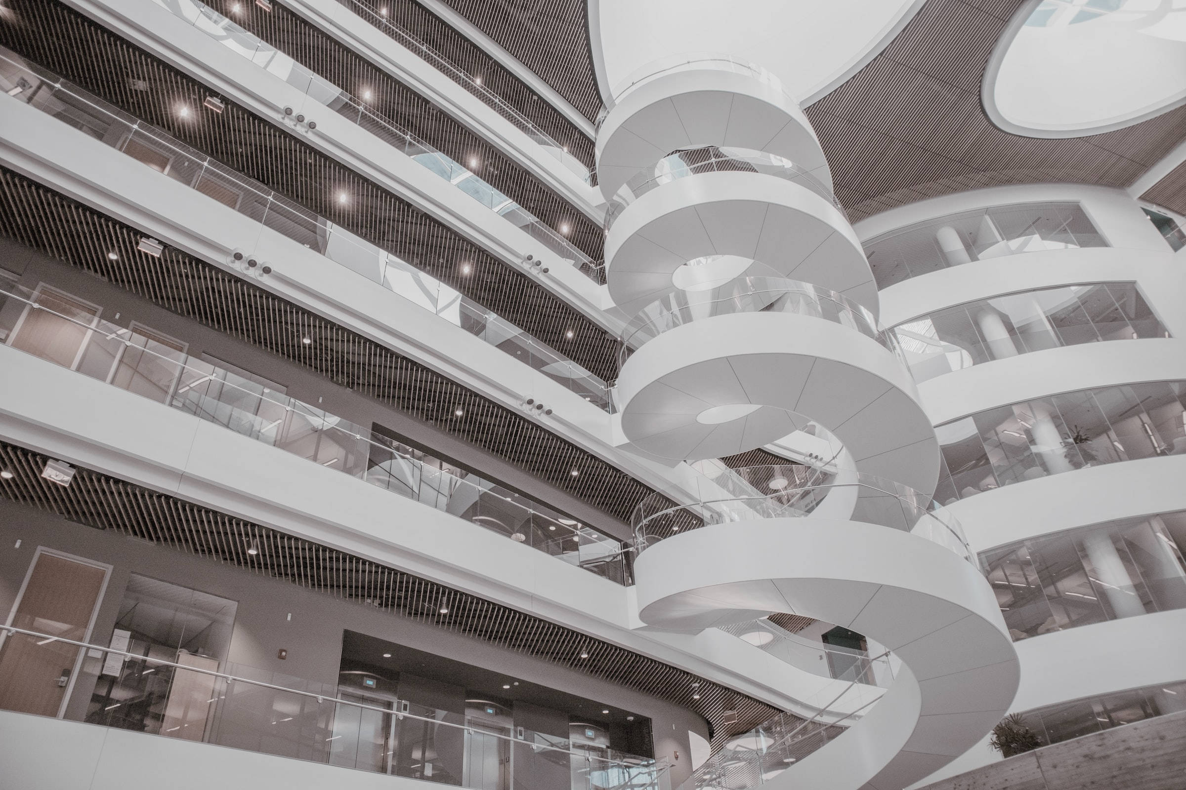 Northeastern University, spiral staircase, glass and white architectural atrium, Full HD Desktop Wallpaper