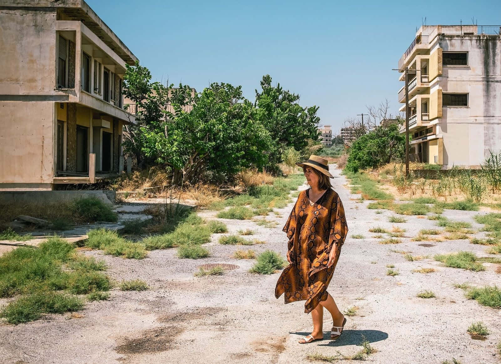 abandoned street, Northern Cyprus, patterned dress, HD Desktop Wallpaper