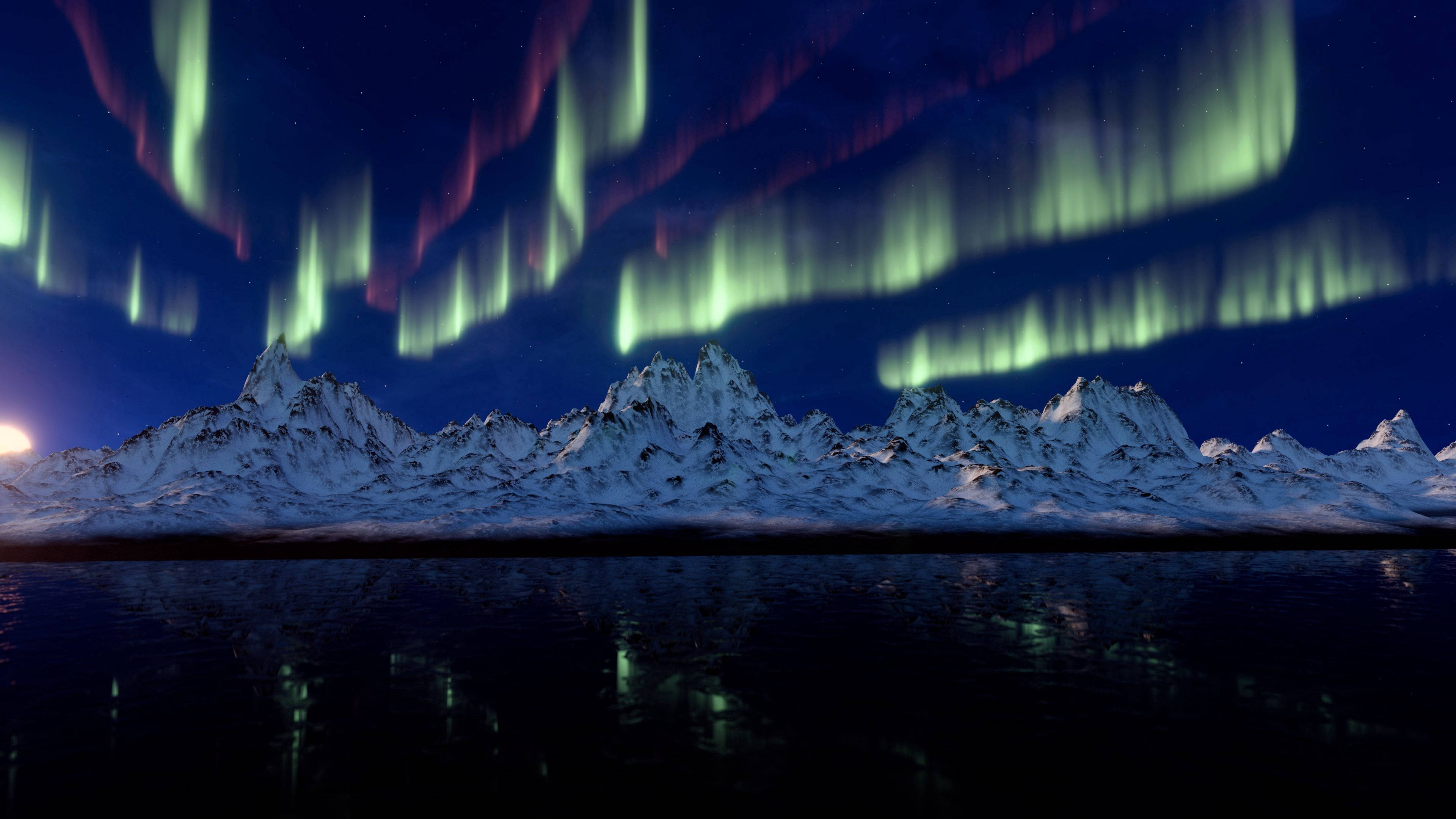 Northern Lights, auroras, snowcapped mountains, 4K Desktop Wallpaper