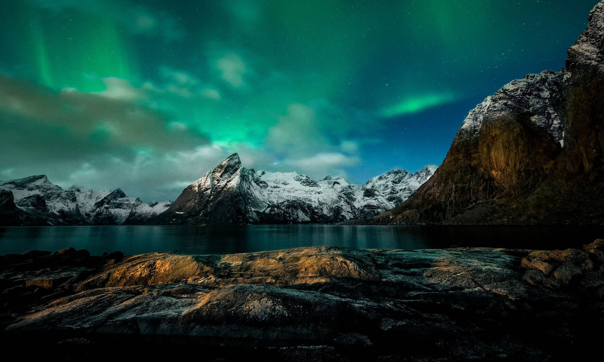 aurora borealis, snowcapped mountains, calm fjord, Full HD Desktop Wallpaper
