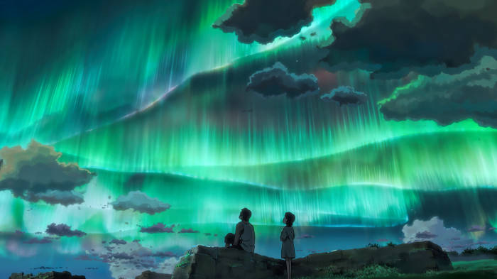 3D Anime Children Who Chase Lost Voices, auroras, rocky cliff, SD Desktop Wallpaper