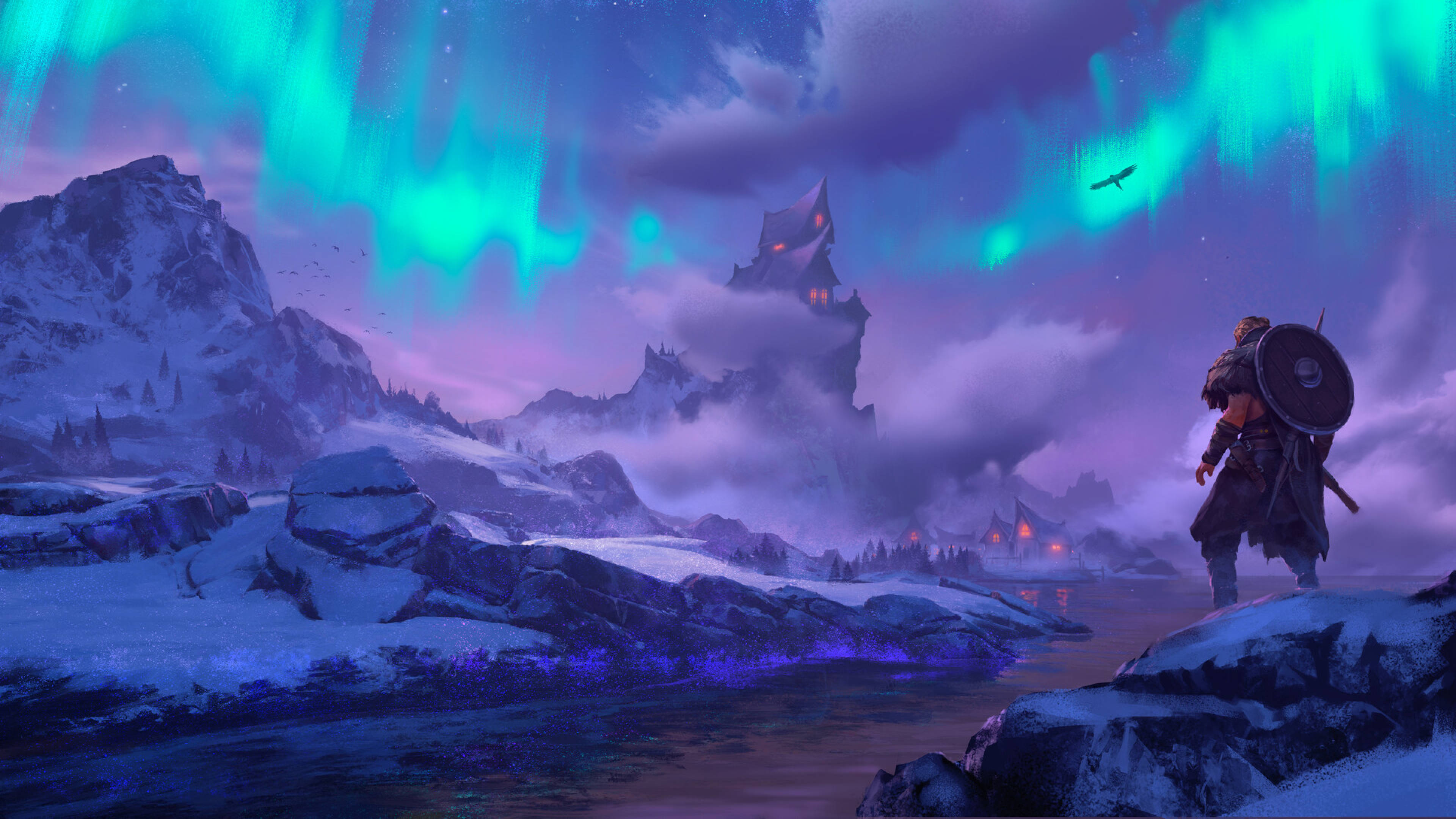 Northern Lights, auroras, snowy mountain valley, 4K Desktop Wallpaper