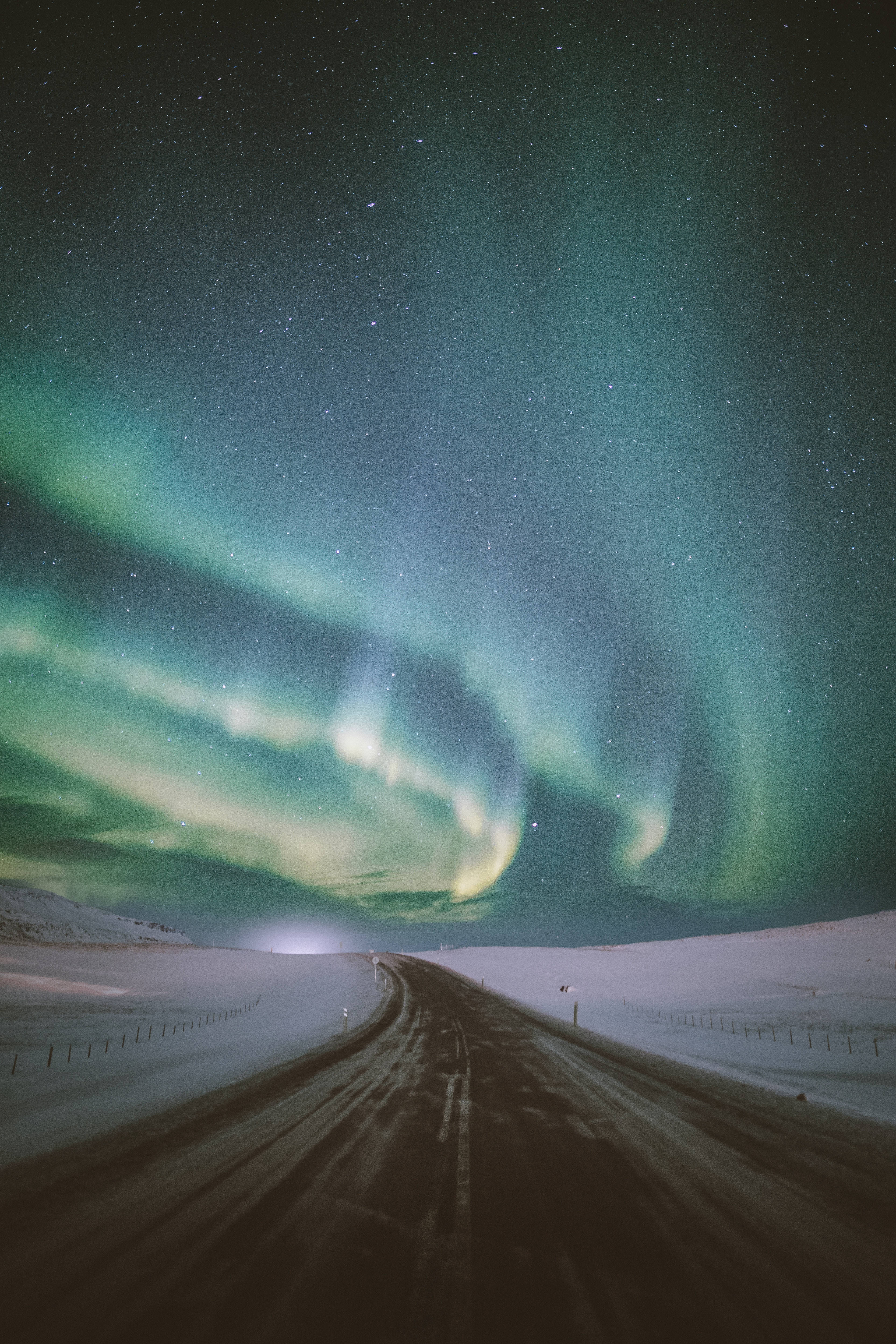 snowy road, aurora borealis, starry night sky, 4K Phone Wallpaper