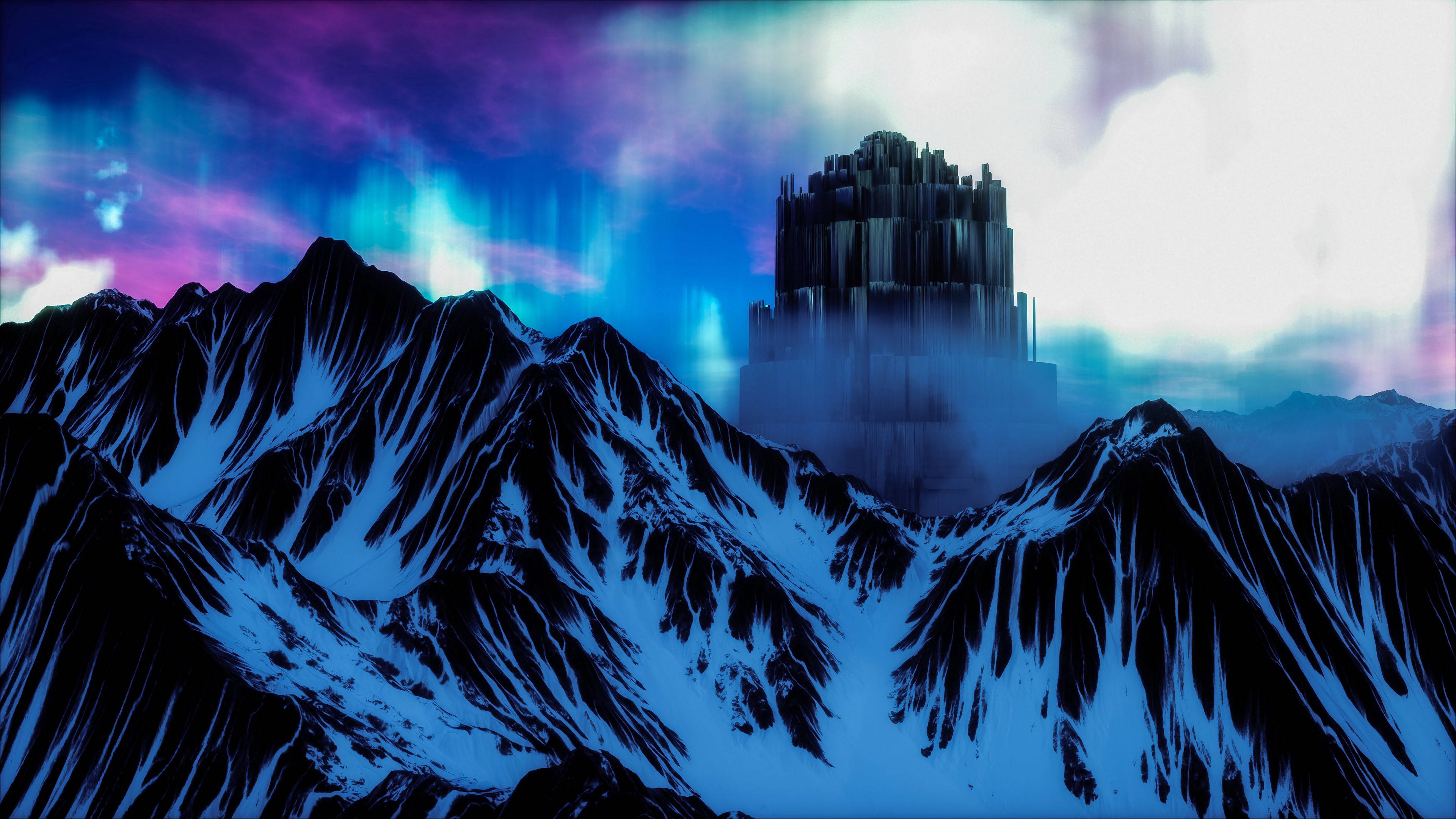 fantasy world, northern lights, futuristic cityscape, 4K Desktop Wallpaper