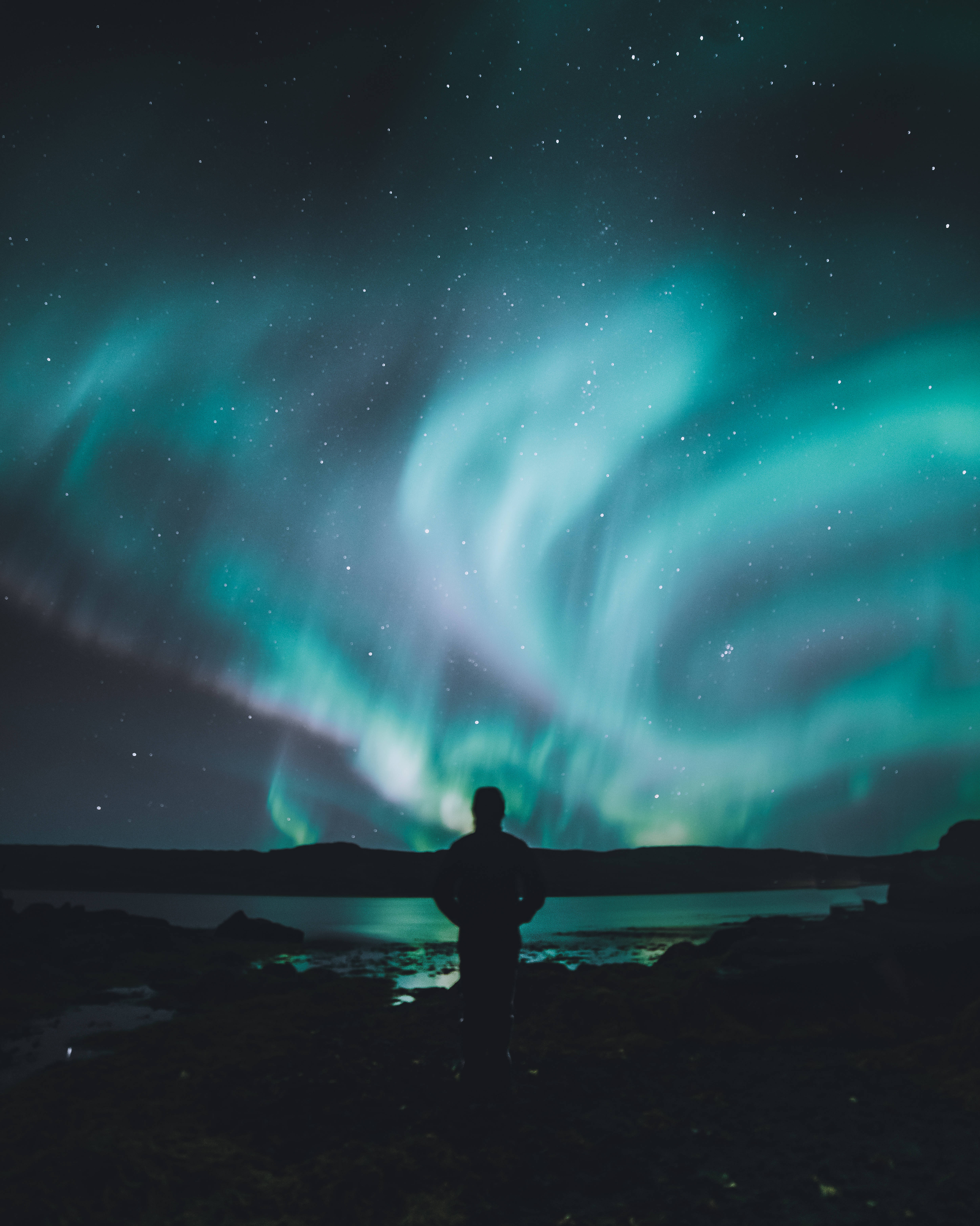 Northern Lights, aurora borealis, vibrant green and teal, 5K Phone Wallpaper