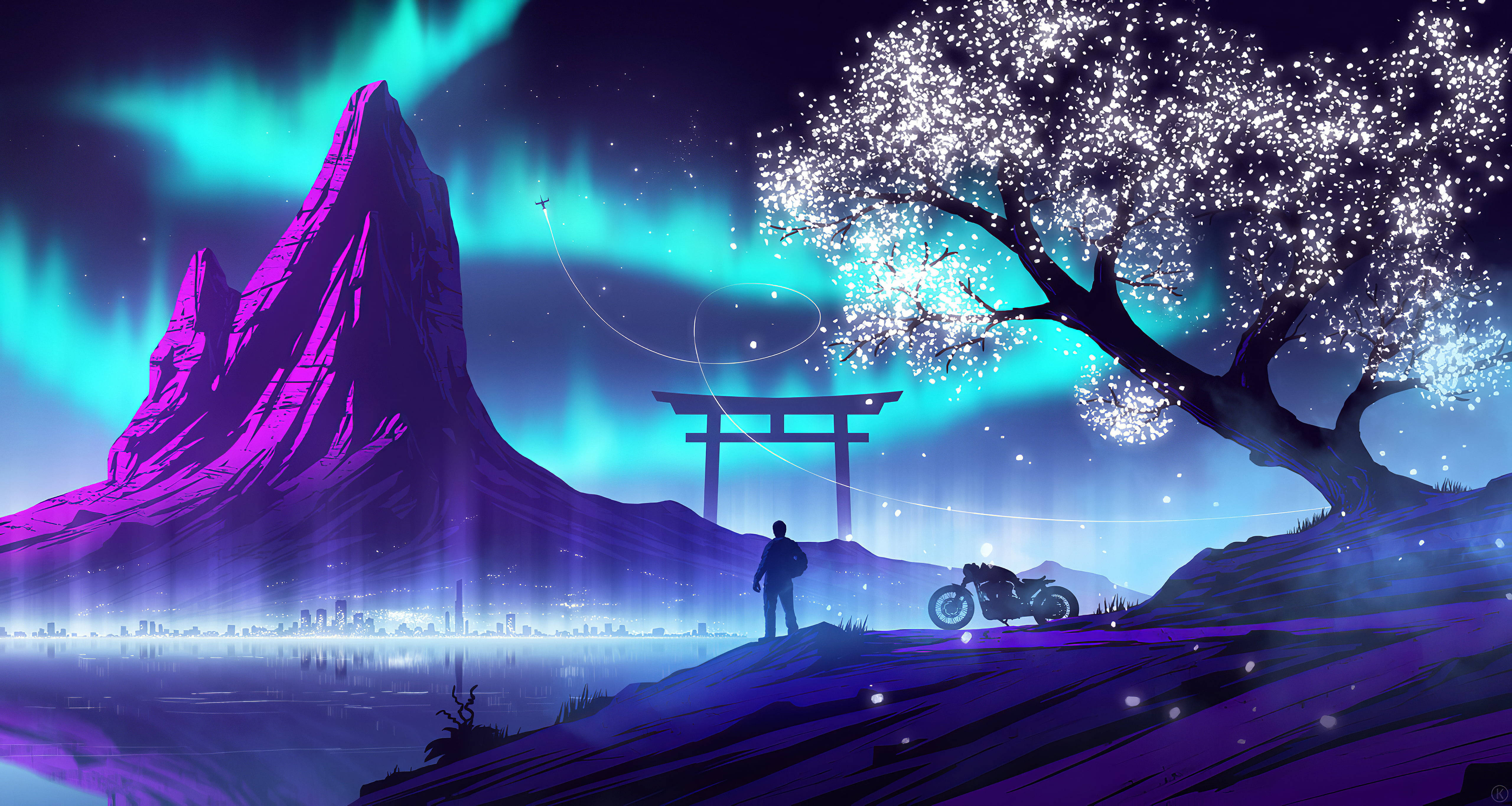 Northern Lights, purple aesthetic, cherry blossom tree, 5K Desktop Wallpaper