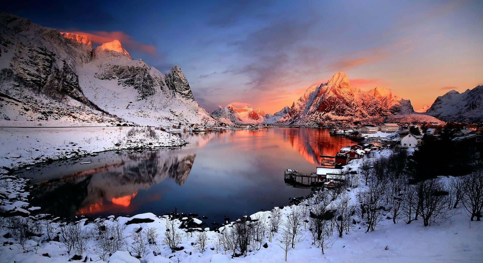 placid lake, Norway, snowcapped mountains, Full HD Desktop Wallpaper