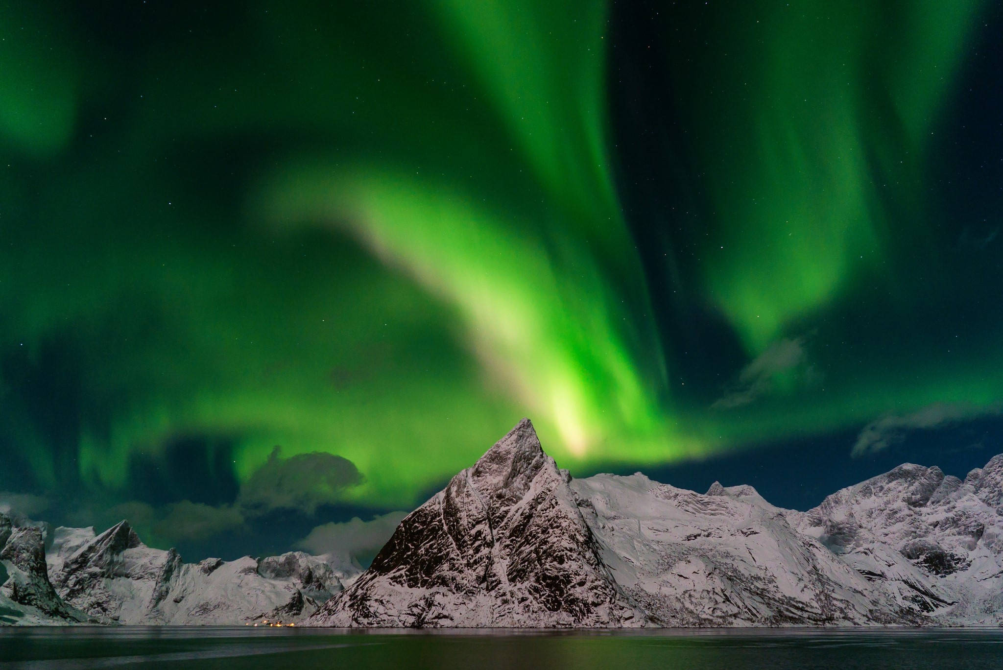 Norway, glowing aurora borealis, starry night sky, Full HD Desktop Wallpaper