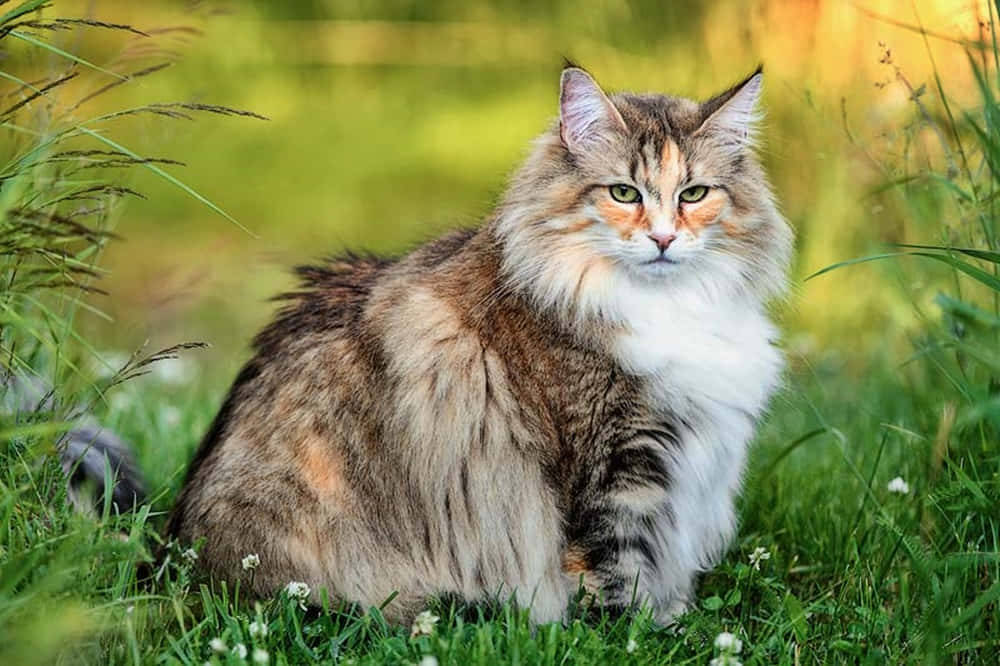 Norwegian Forest Cat, green eyes, vibrant green grass, SD Desktop Wallpaper
