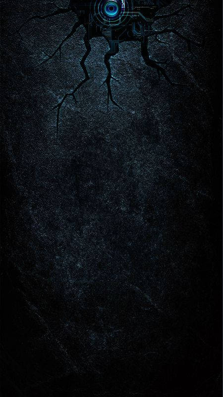 water drop notch, cracked surface, glowing blue cybernetic eye, SD Phone Wallpaper