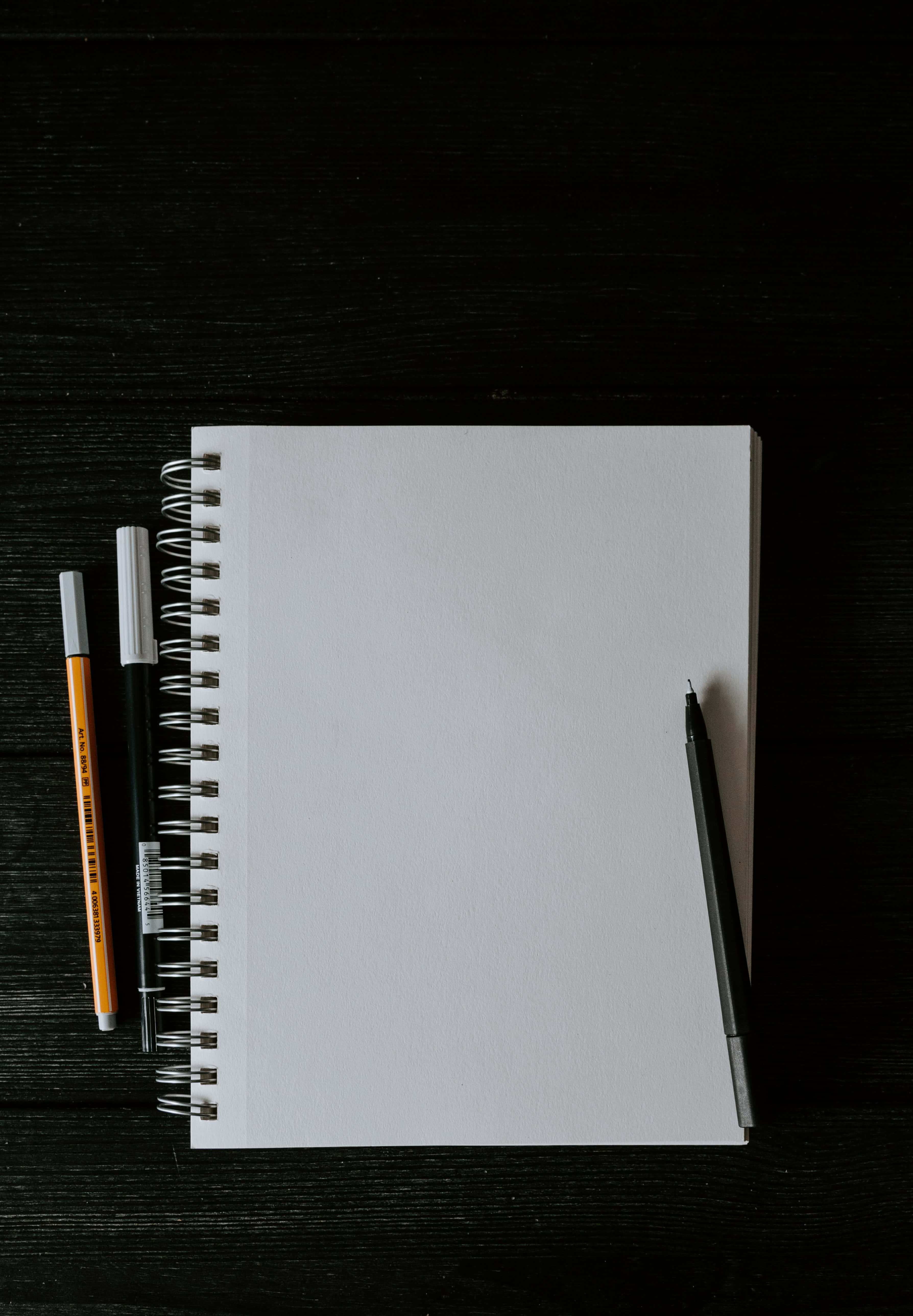 empty open notebook, white spiral notebook, dark wooden surface, 5K Phone Wallpaper