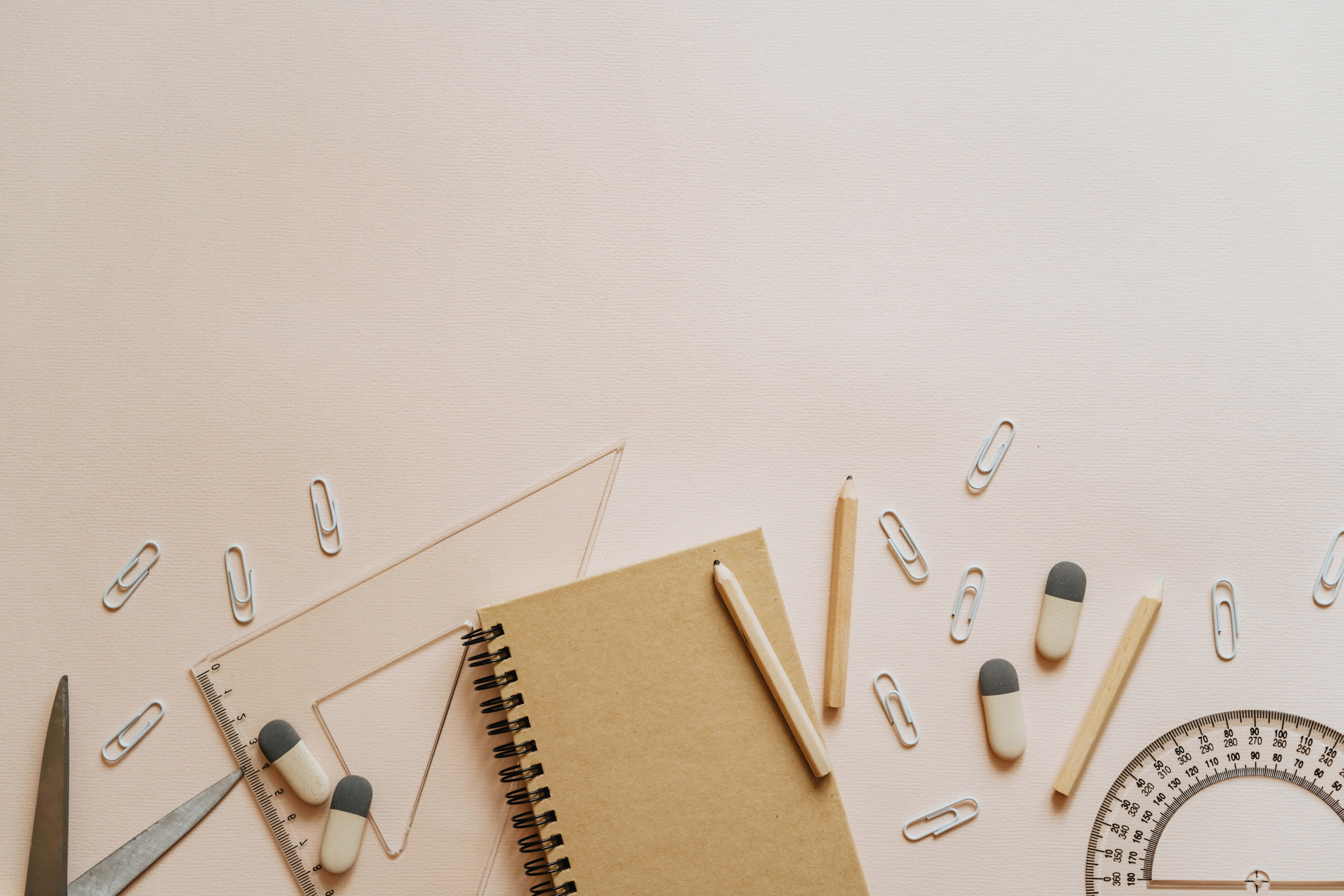 spiral notebook, beige textured surface, stationery items, 5K Desktop Wallpaper