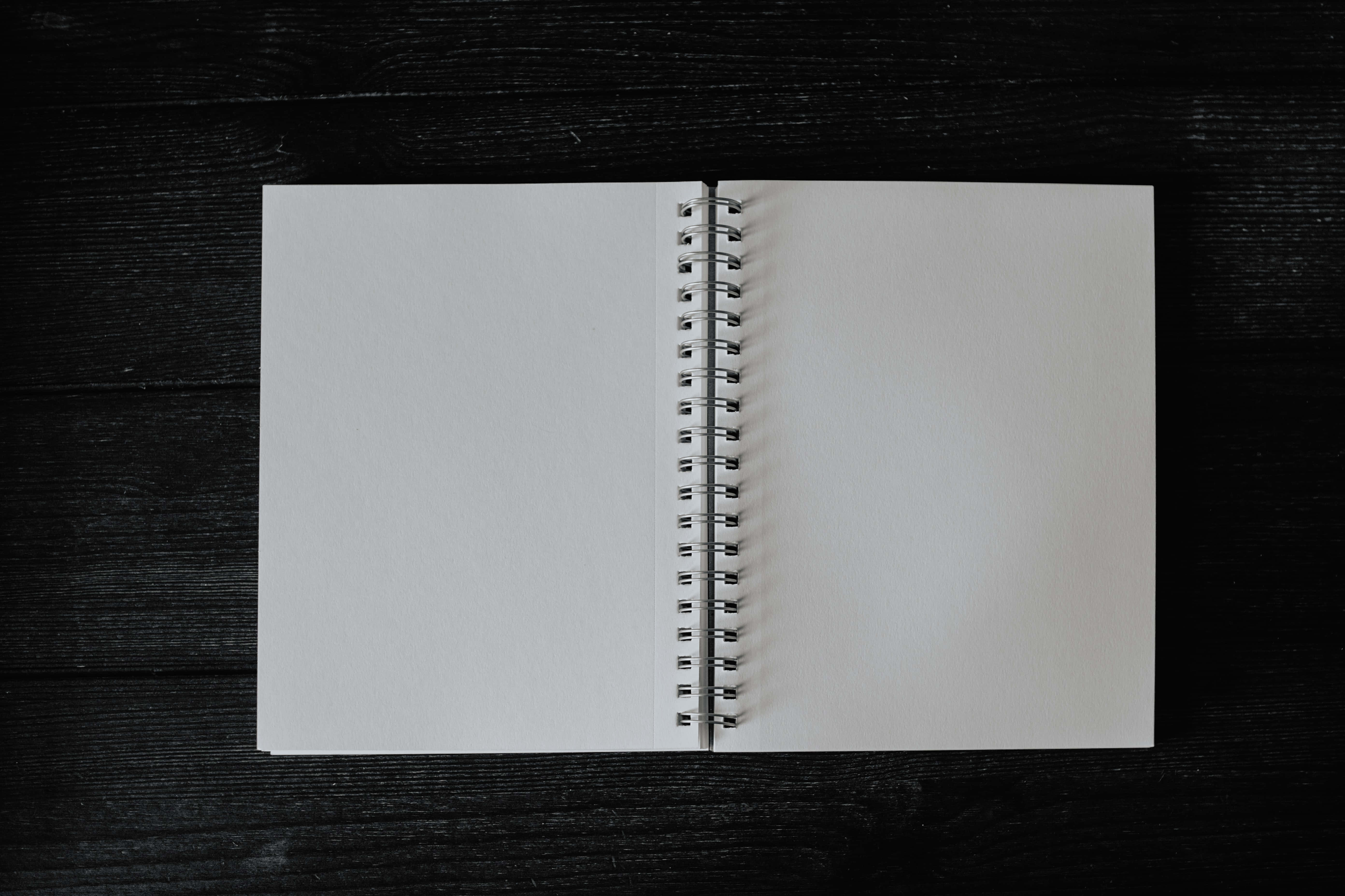 empty notebook, spiral notebook, dark wooden surface, 5K Desktop Wallpaper