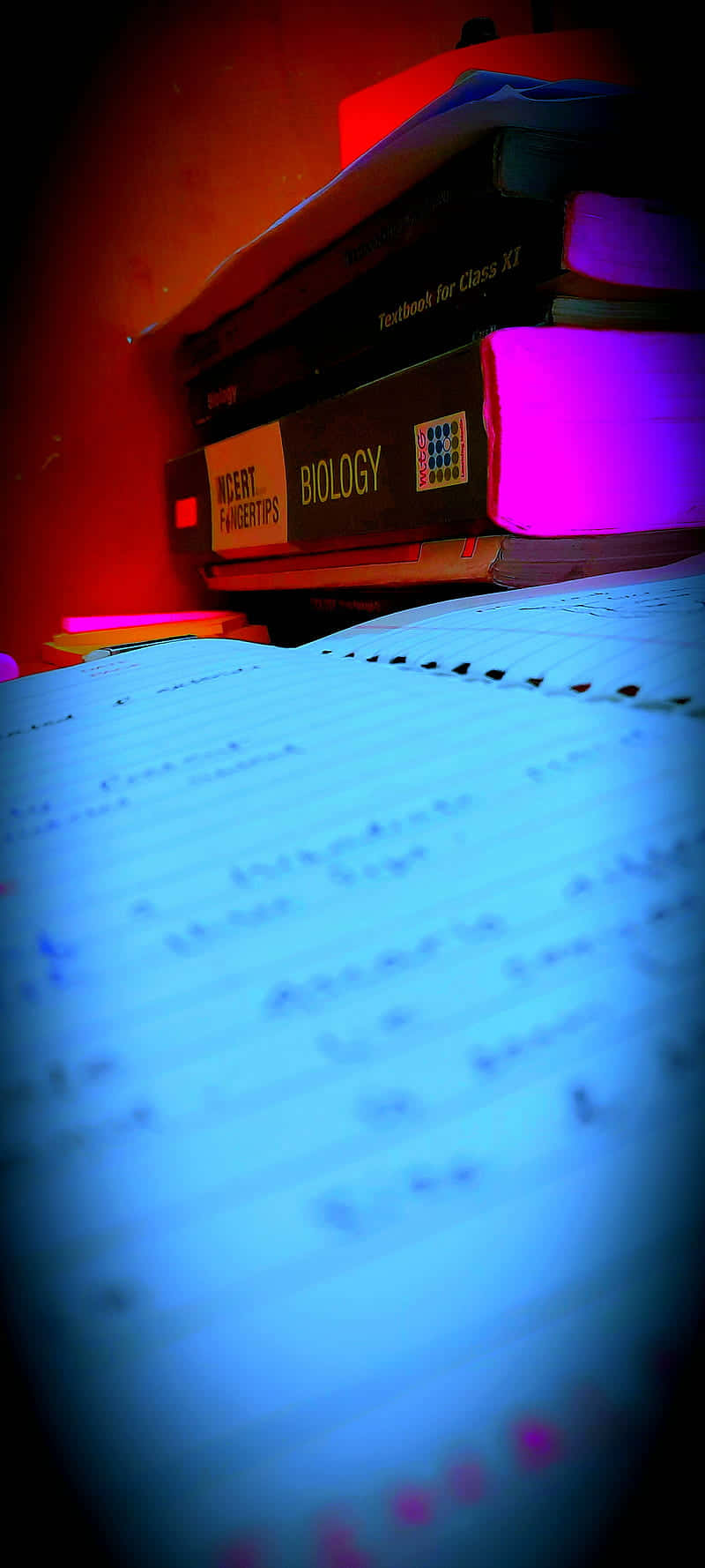 biology textbook, handwritten notes, dramatic red and blue lighting, HD Phone Wallpaper