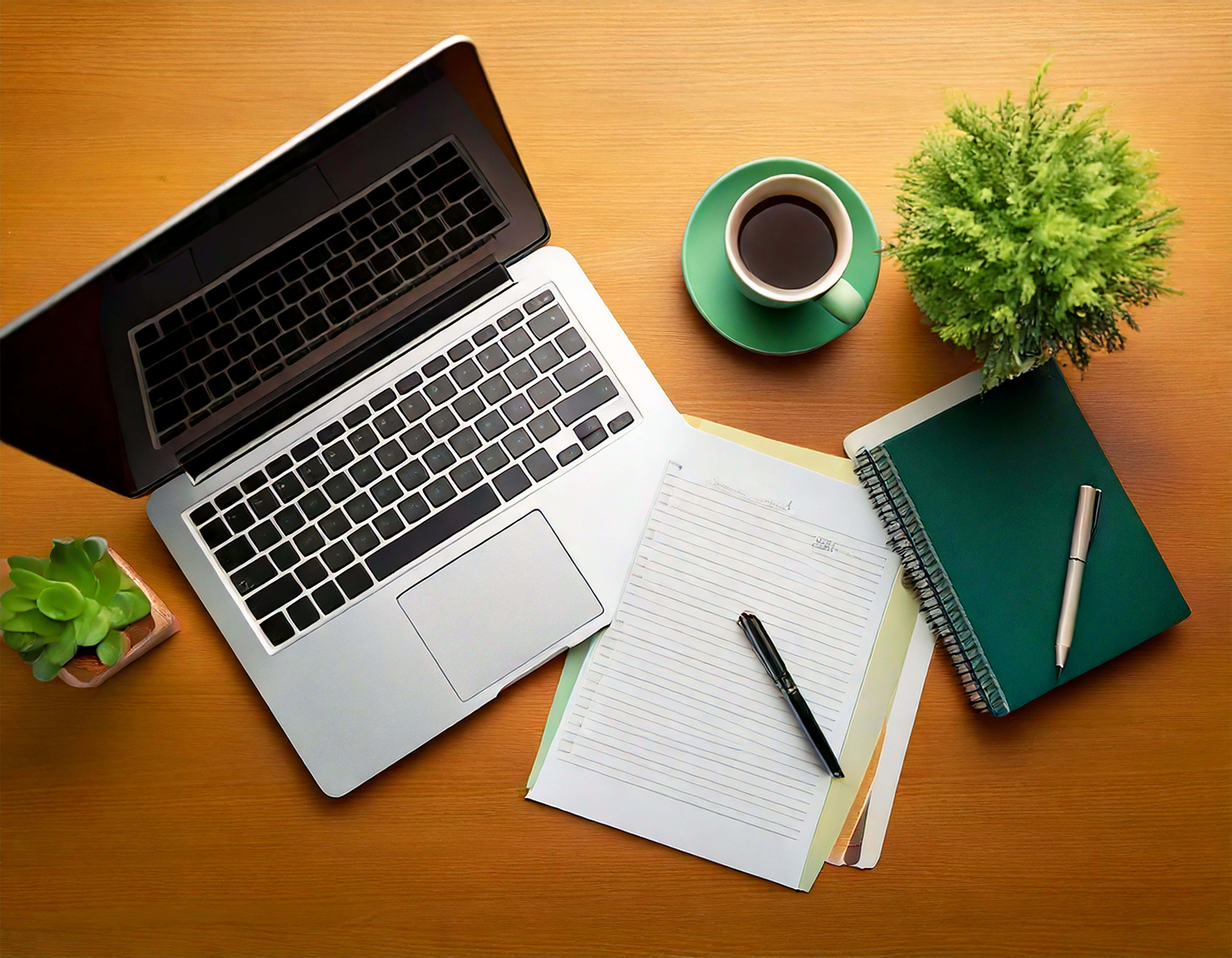 wooden desk, silver laptop, green coffee cup, 8K Desktop Wallpaper