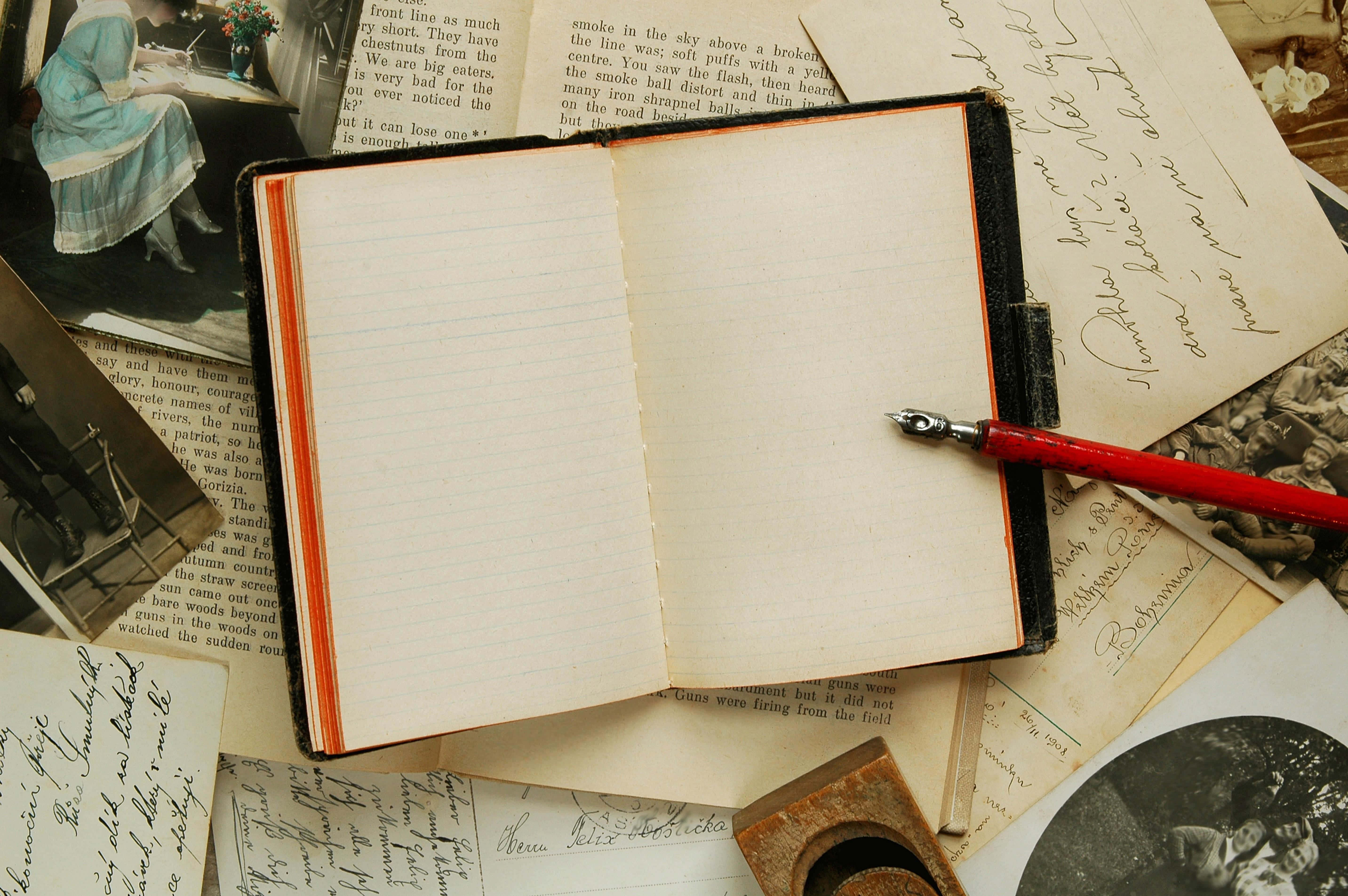 vintage notebook, red fountain pen, handwritten letters, 5K Desktop Wallpaper