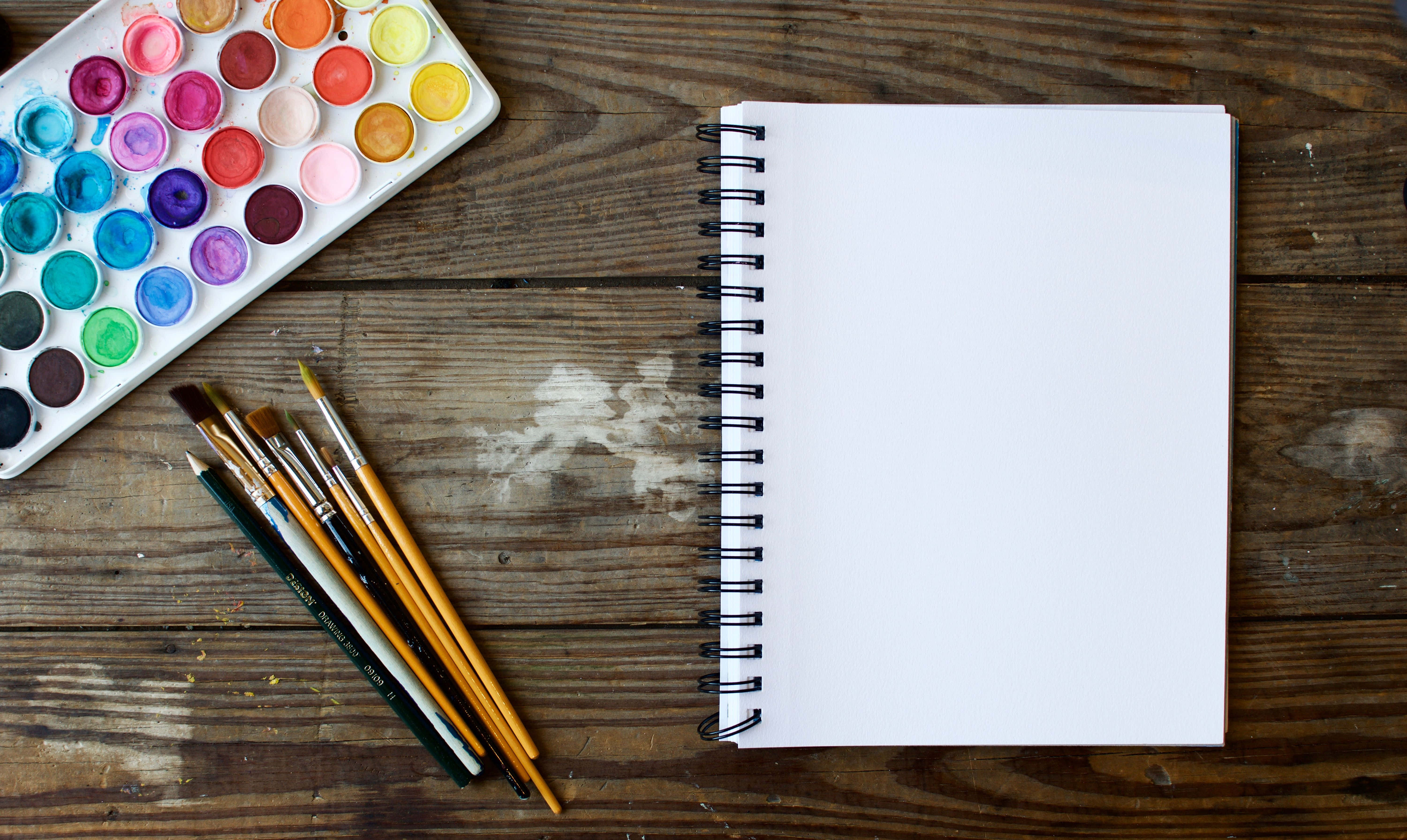sketchbook, watercolor palette, brushes, 5K Desktop Wallpaper