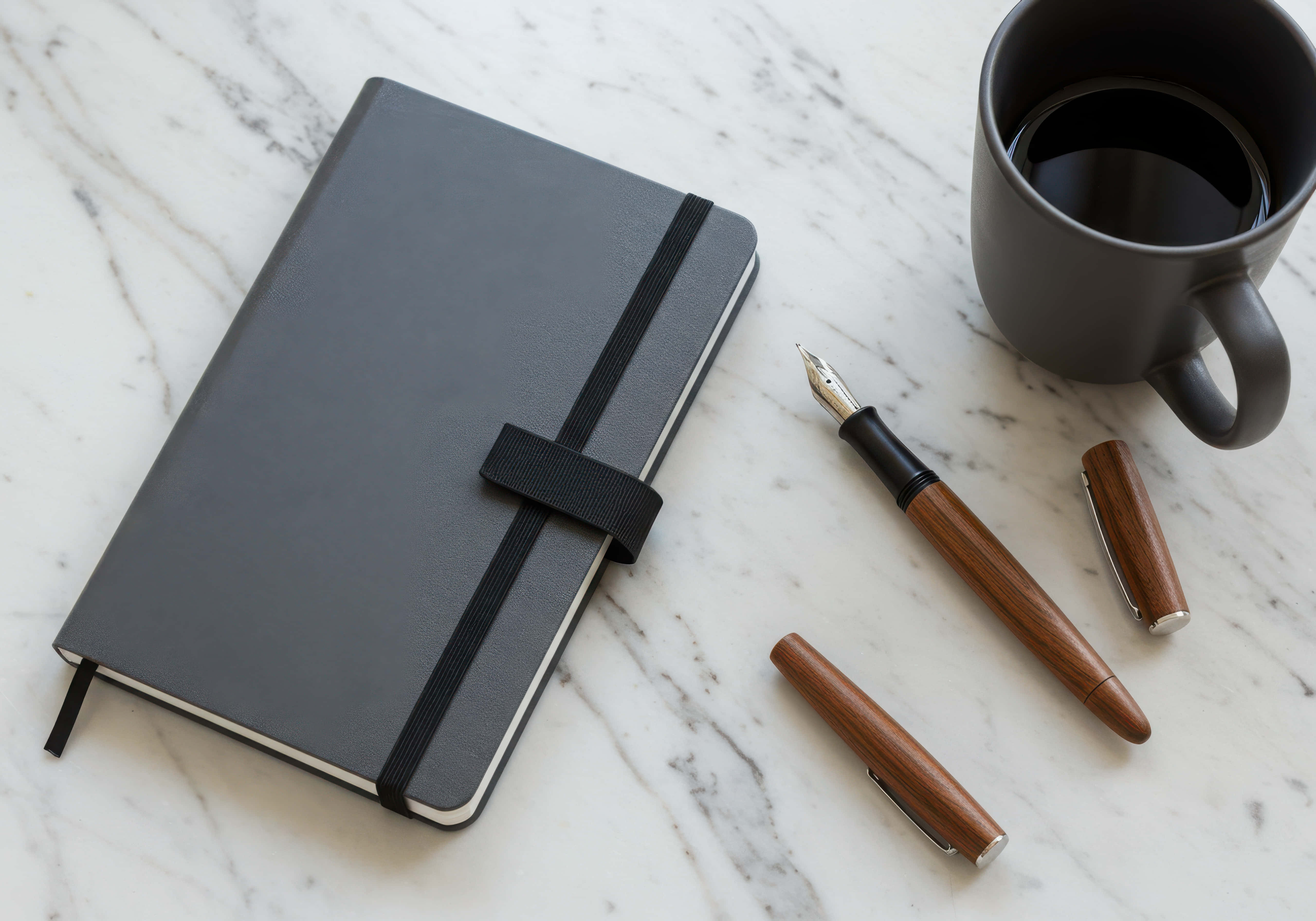 gray notebook, black elastic band, wooden fountain pen, 5K Desktop Wallpaper