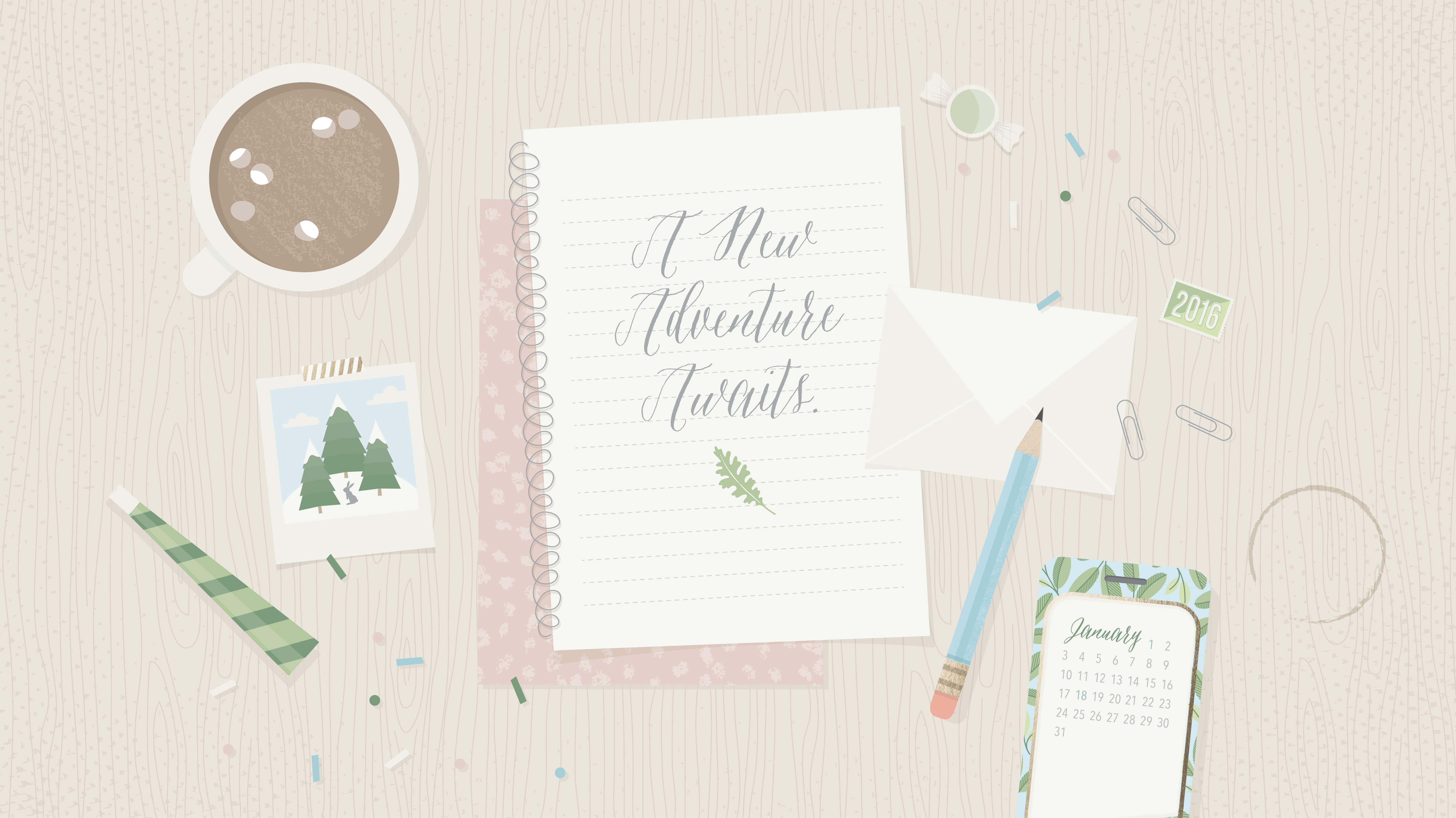 notebook, A New Adventure Awaits, coffee cup, 5K Desktop Wallpaper