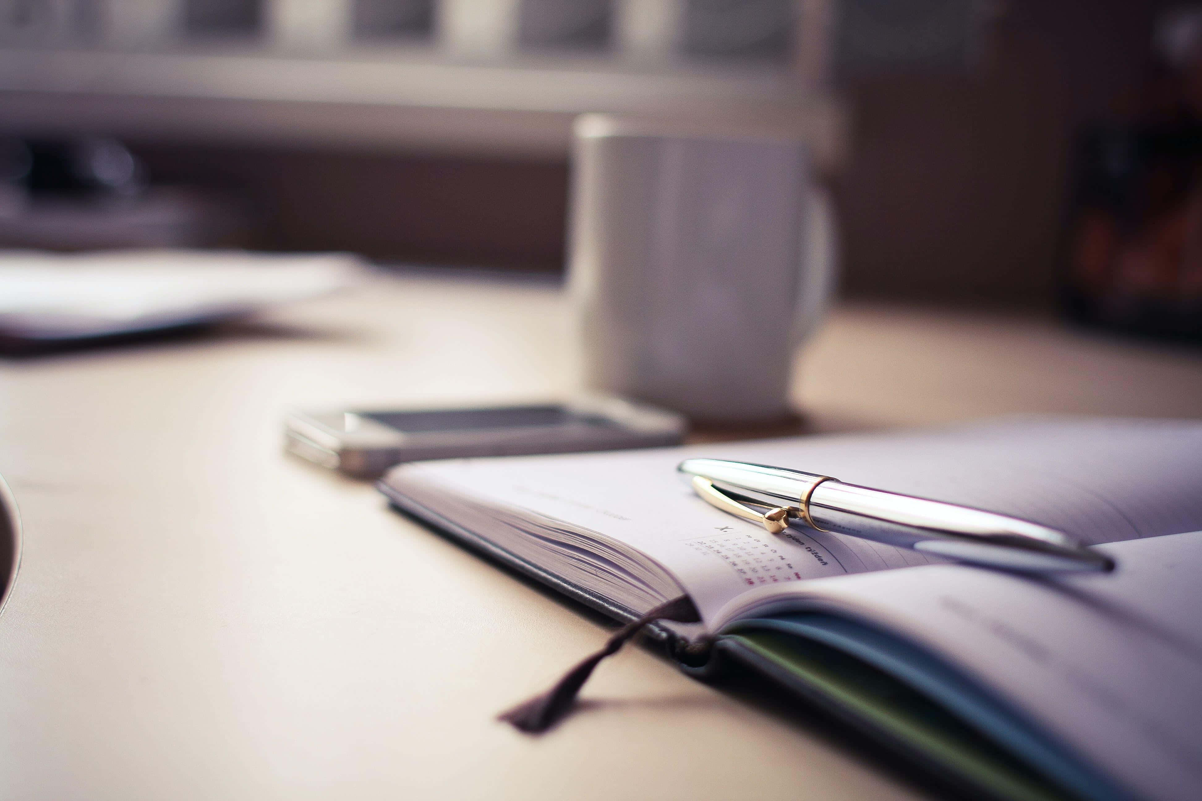 notebook, coffee cup, wooden desk, 4K Desktop Wallpaper
