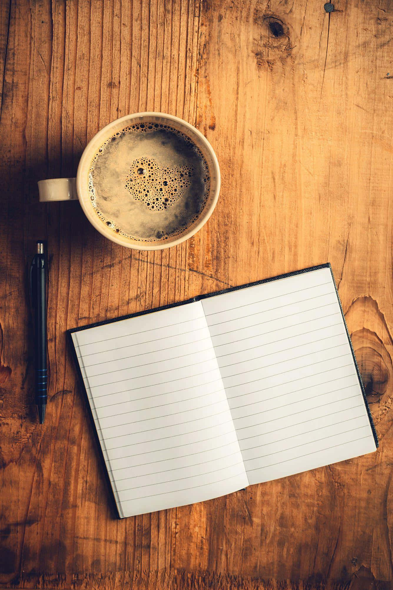 coffee cup, notebook, rustic wooden table, Full HD Phone Wallpaper