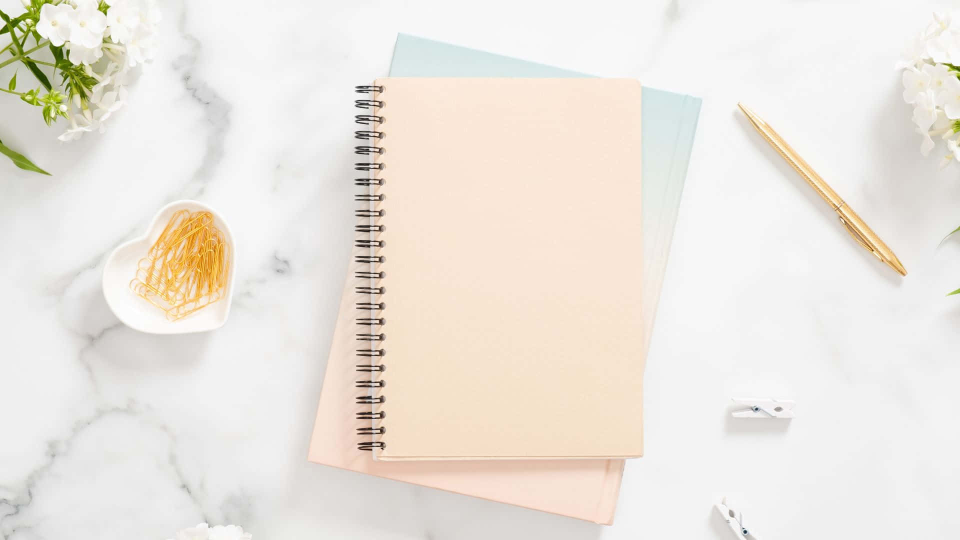 pastel spiral notebooks, white marble surface, gold pen, Full HD Desktop Wallpaper
