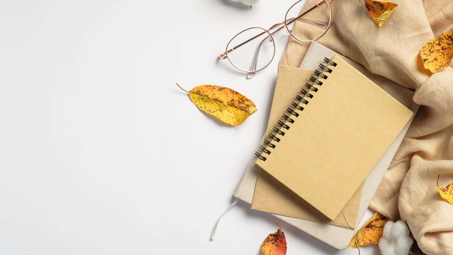 beige notebook, glasses, autumn leaves, Full HD Desktop Wallpaper