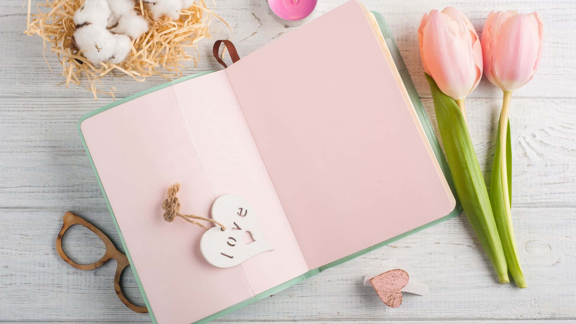 springtime notebookand flowers, soft pink journal, whitewashed wooden surface, Full HD Desktop Wallpaper