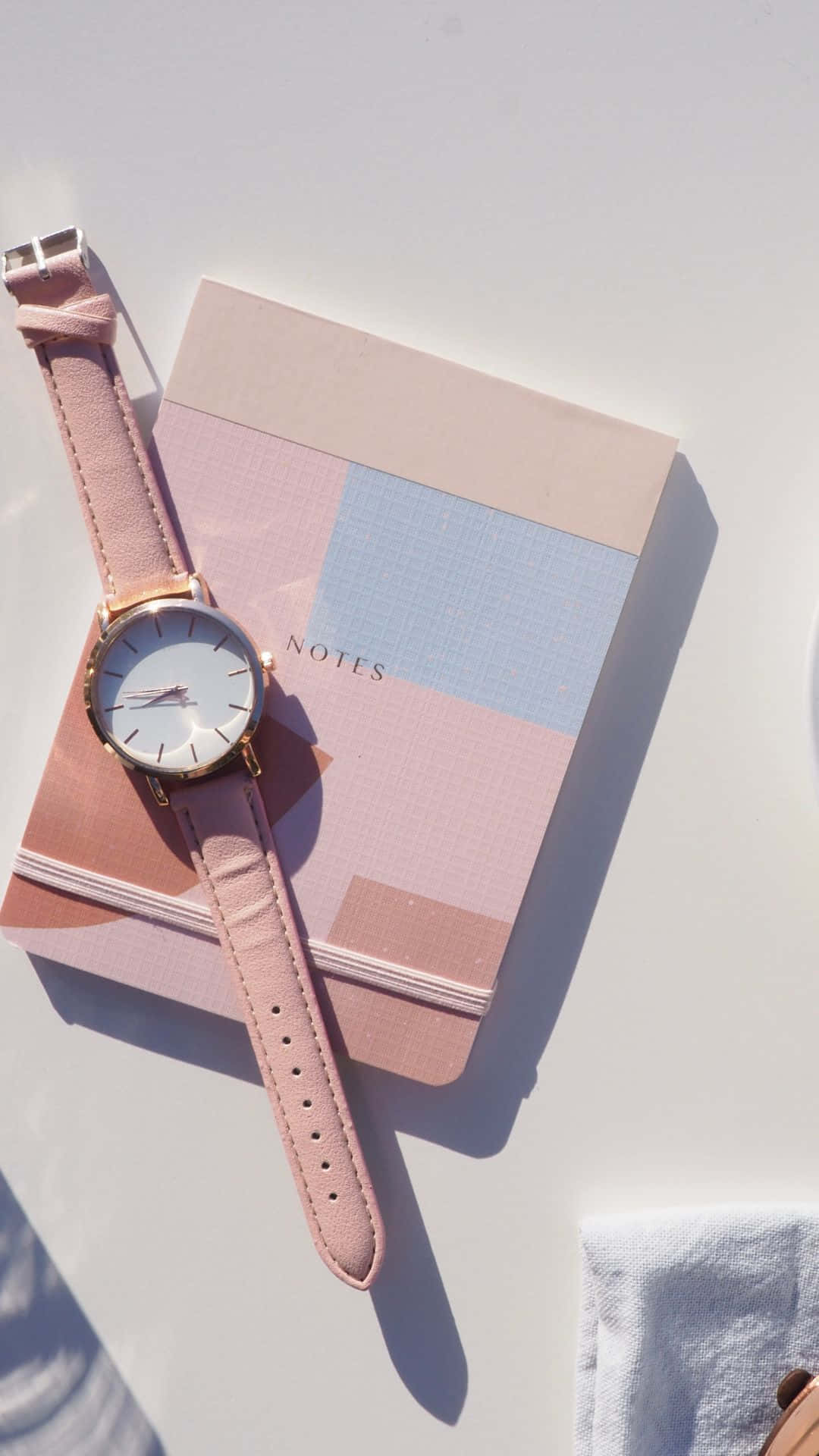 pink leather watch, pastel geometric notebook, bright sunlight, Full HD Phone Wallpaper