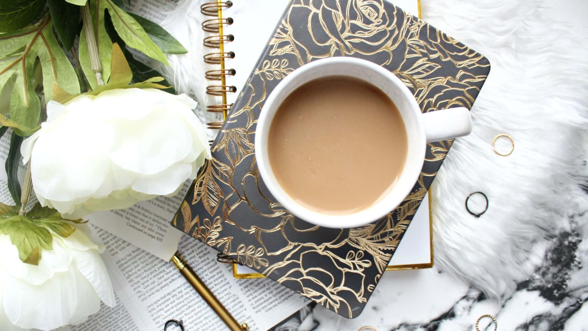 white mug, black rose-patterned notebook, marble surface, Full HD Desktop Wallpaper