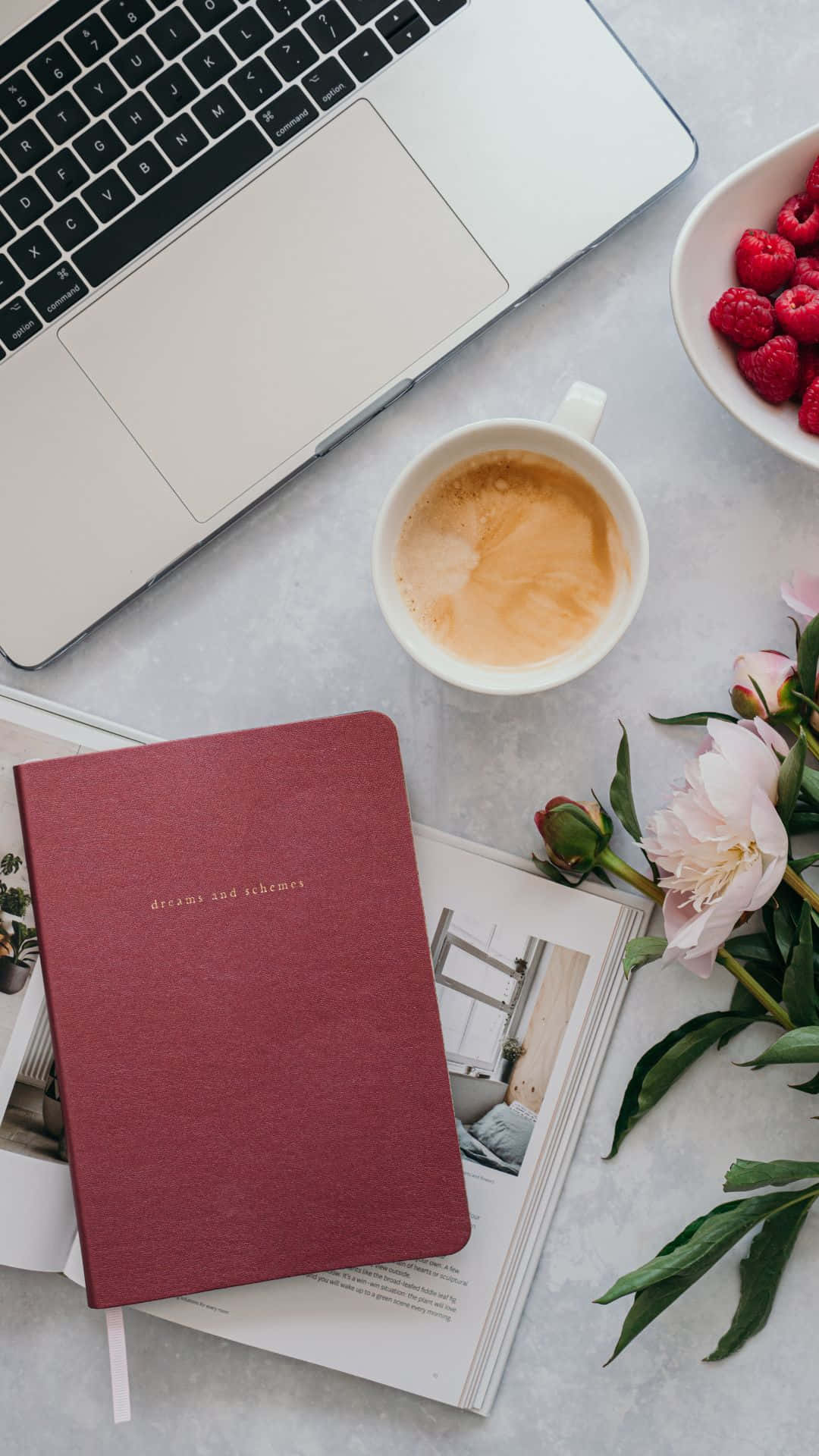 laptop, coffee cup, red notebook, Full HD Phone Wallpaper