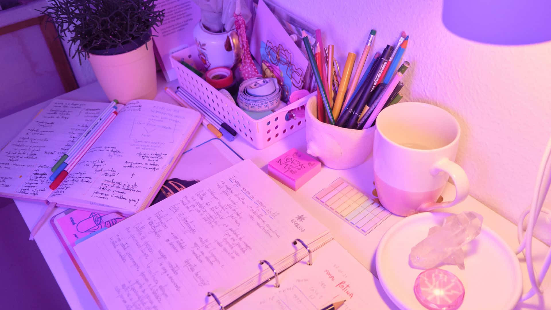 study desk, purple light, notebooks, Full HD Desktop Wallpaper
