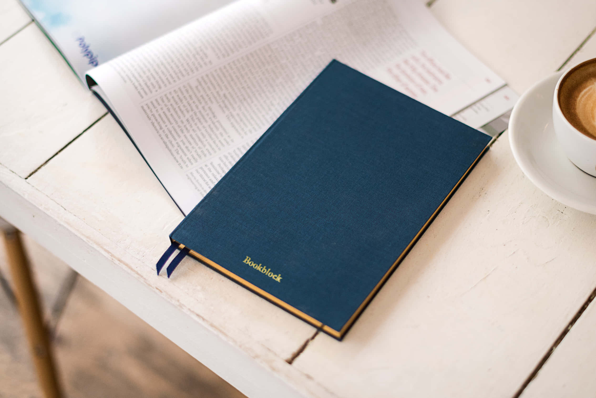 Bookblock notebook, navy blue, white wooden table, Full HD Desktop Wallpaper