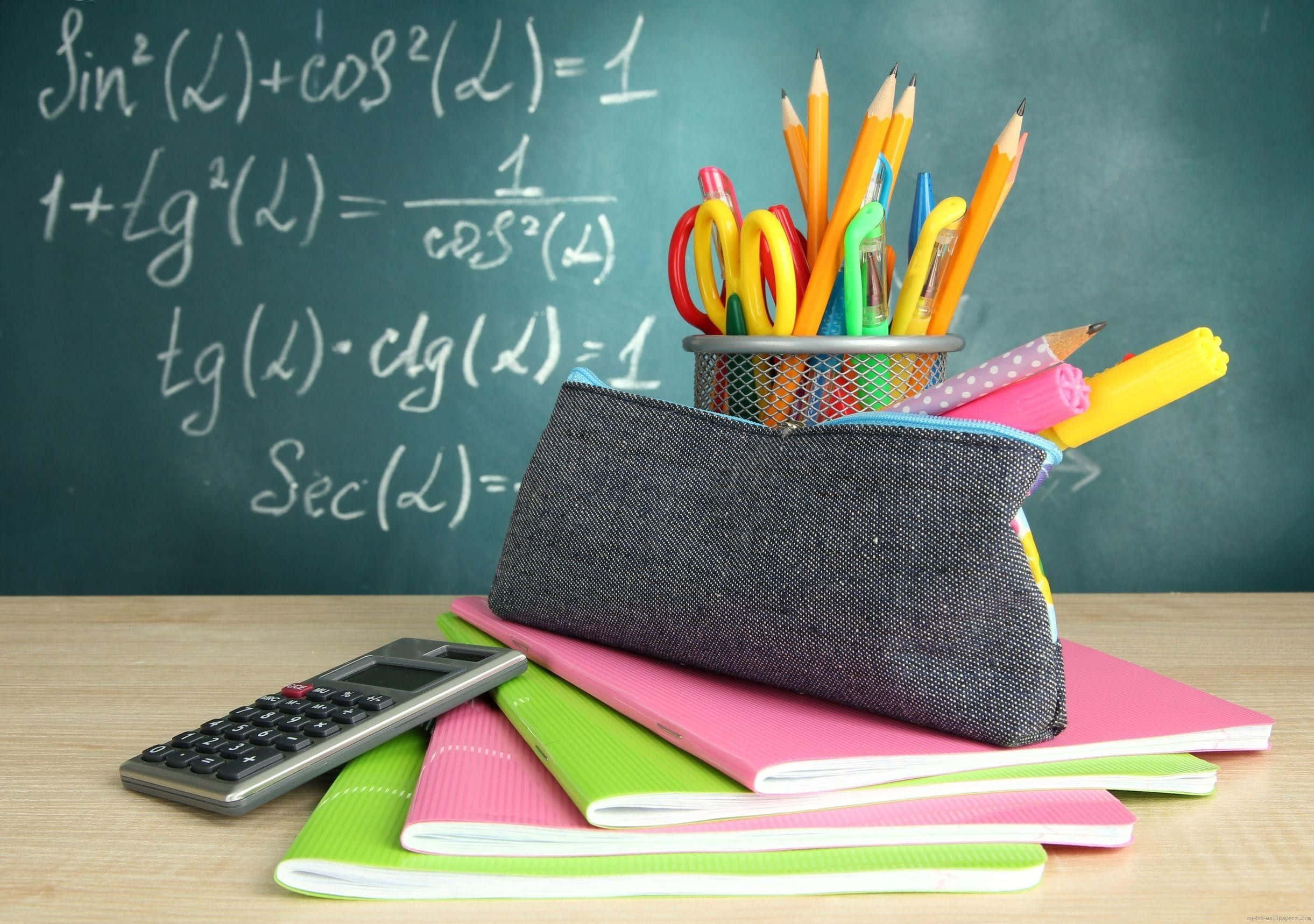 wooden desk, chalkboard, trigonometric equations, Full HD Desktop Wallpaper