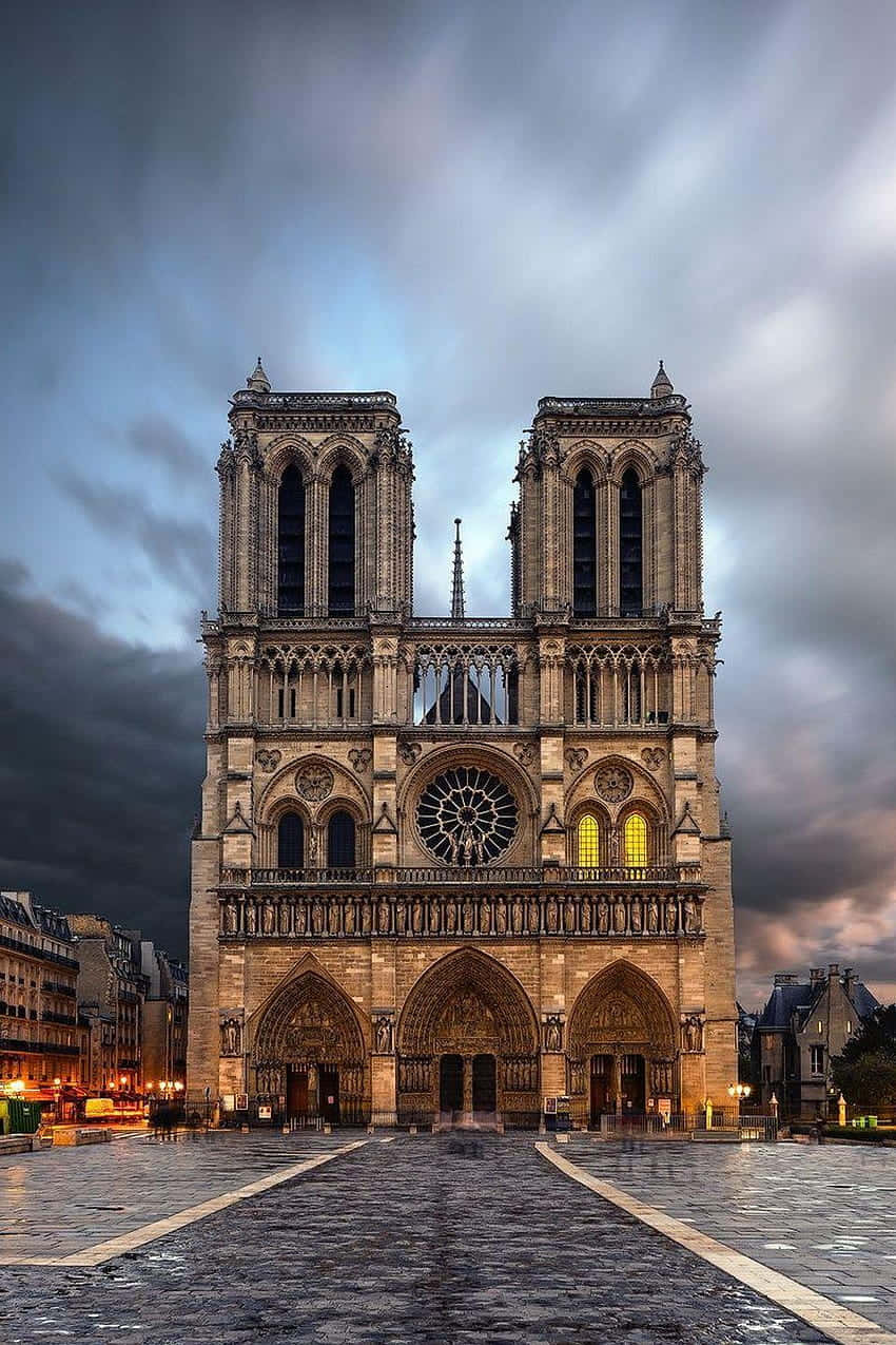 Notre Dame Cathedral, one tower light, twilight sky, SD Phone Wallpaper