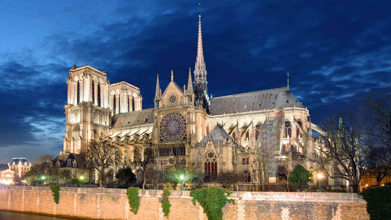 Notre Dame Cathedral, dark blue sky, night, HD Desktop Wallpaper