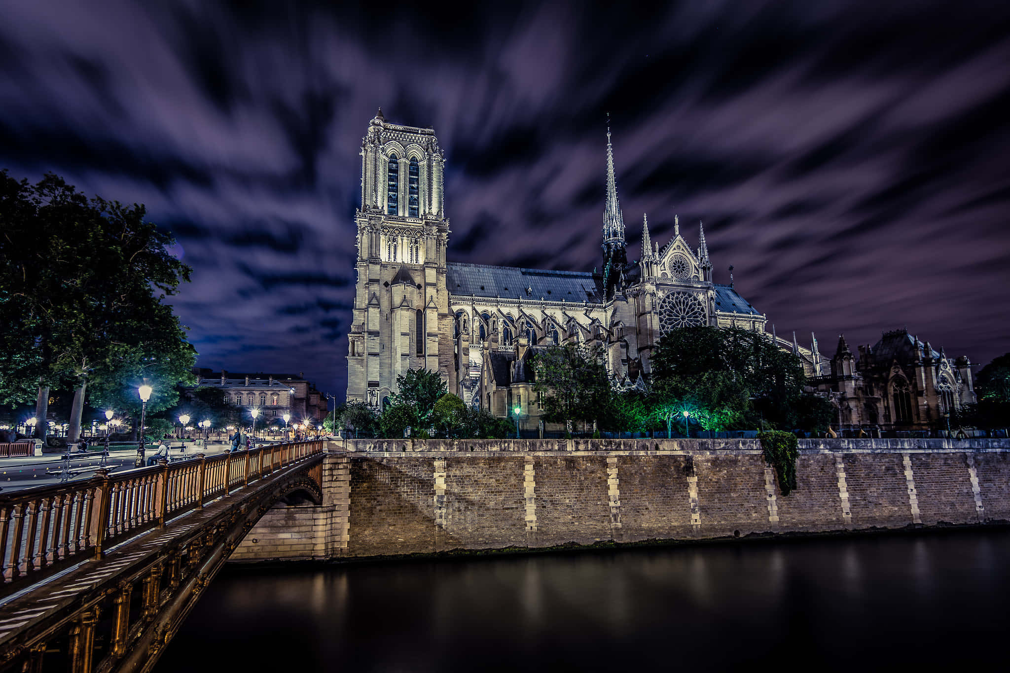 Notre Dame Cathedral, dark clouds, purple clouds, Full HD Desktop Wallpaper