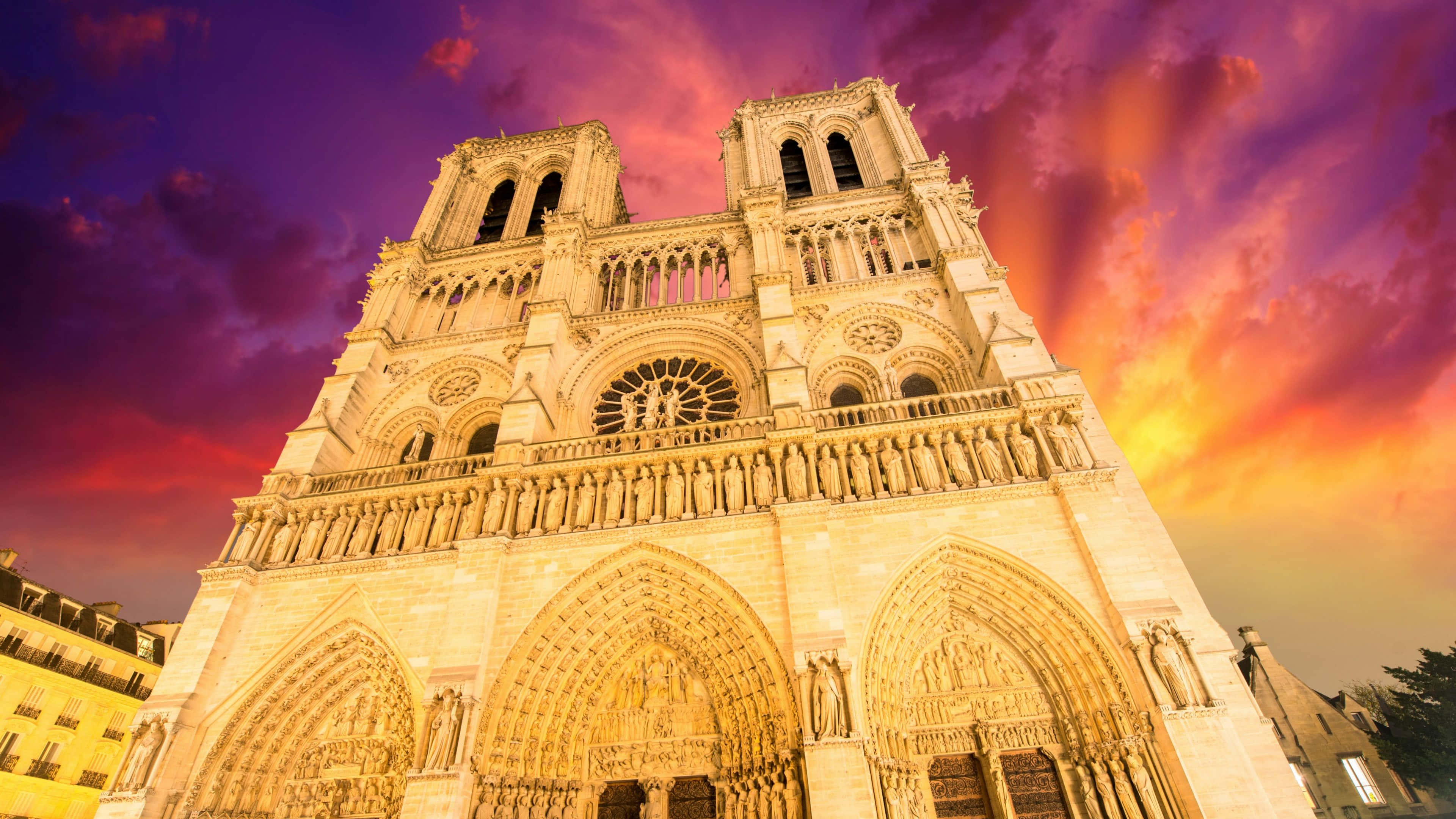Notre Dame Cathedral, golden light, purple and orange sunset sky, 4K Desktop Wallpaper