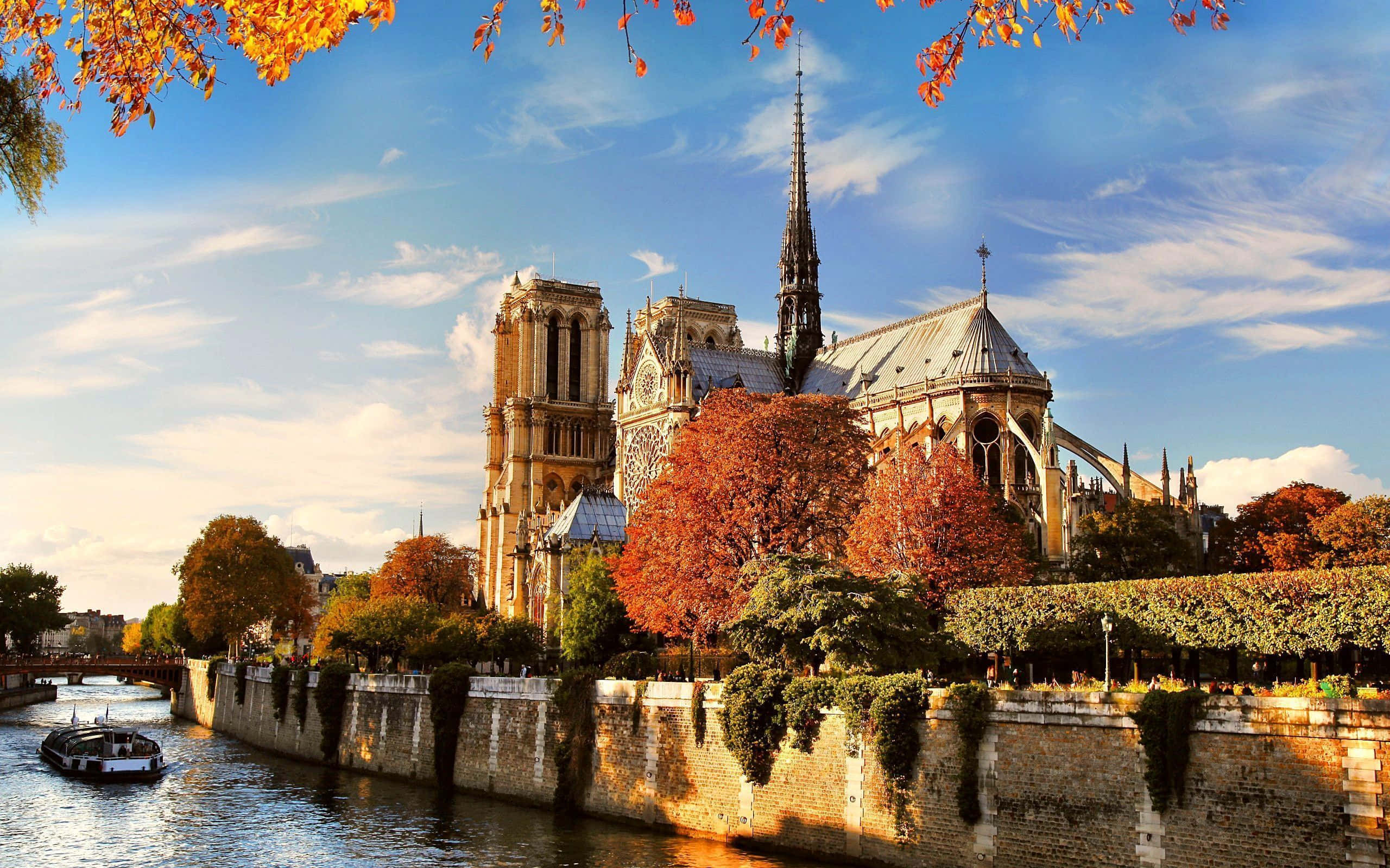 Notre Dame Cathedral, autumn, river, 2K Desktop Wallpaper