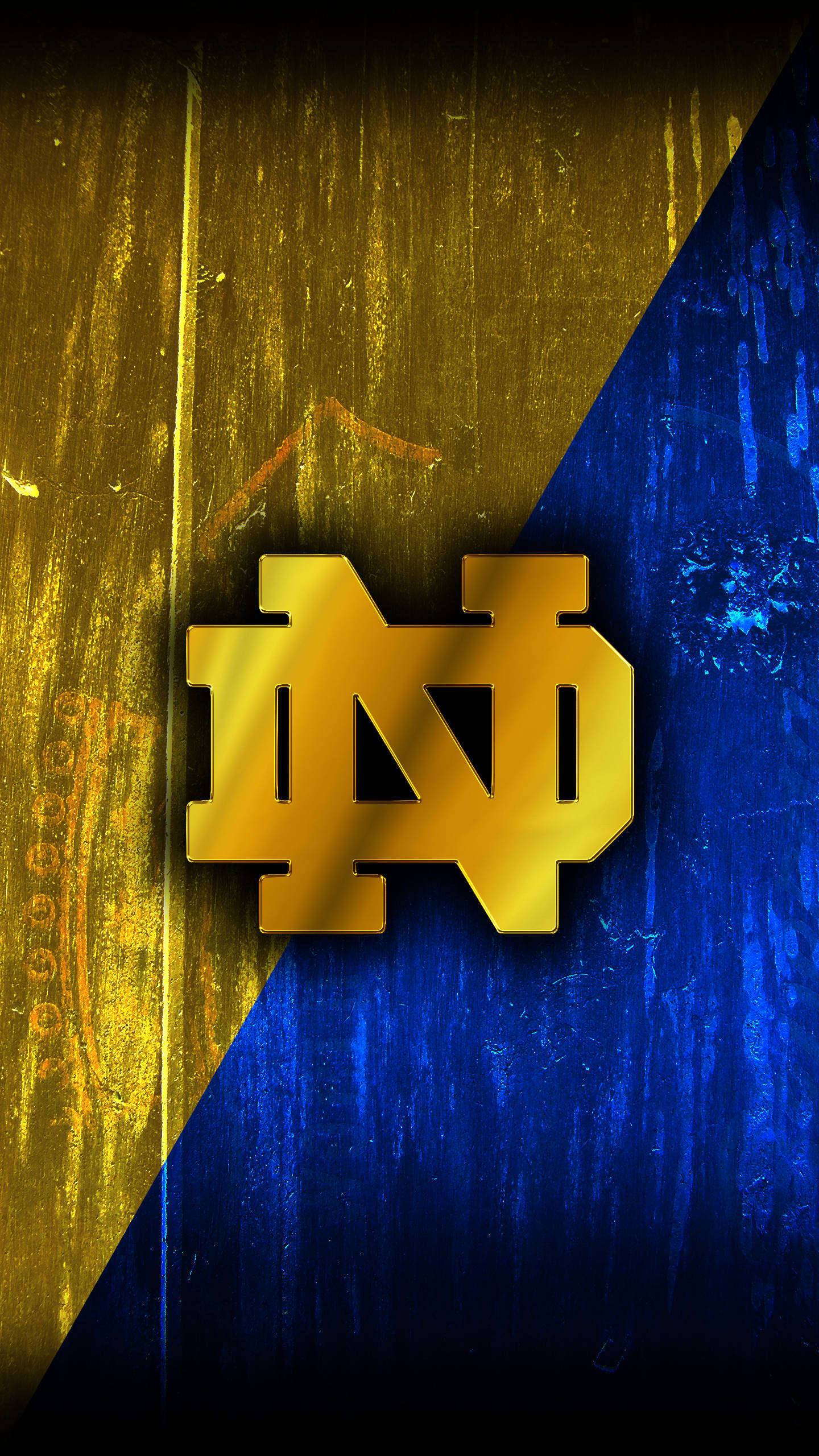 Notre Dame Football, golden Notre Dame logo, split gold and blue textured background, 2K Phone Wallpaper