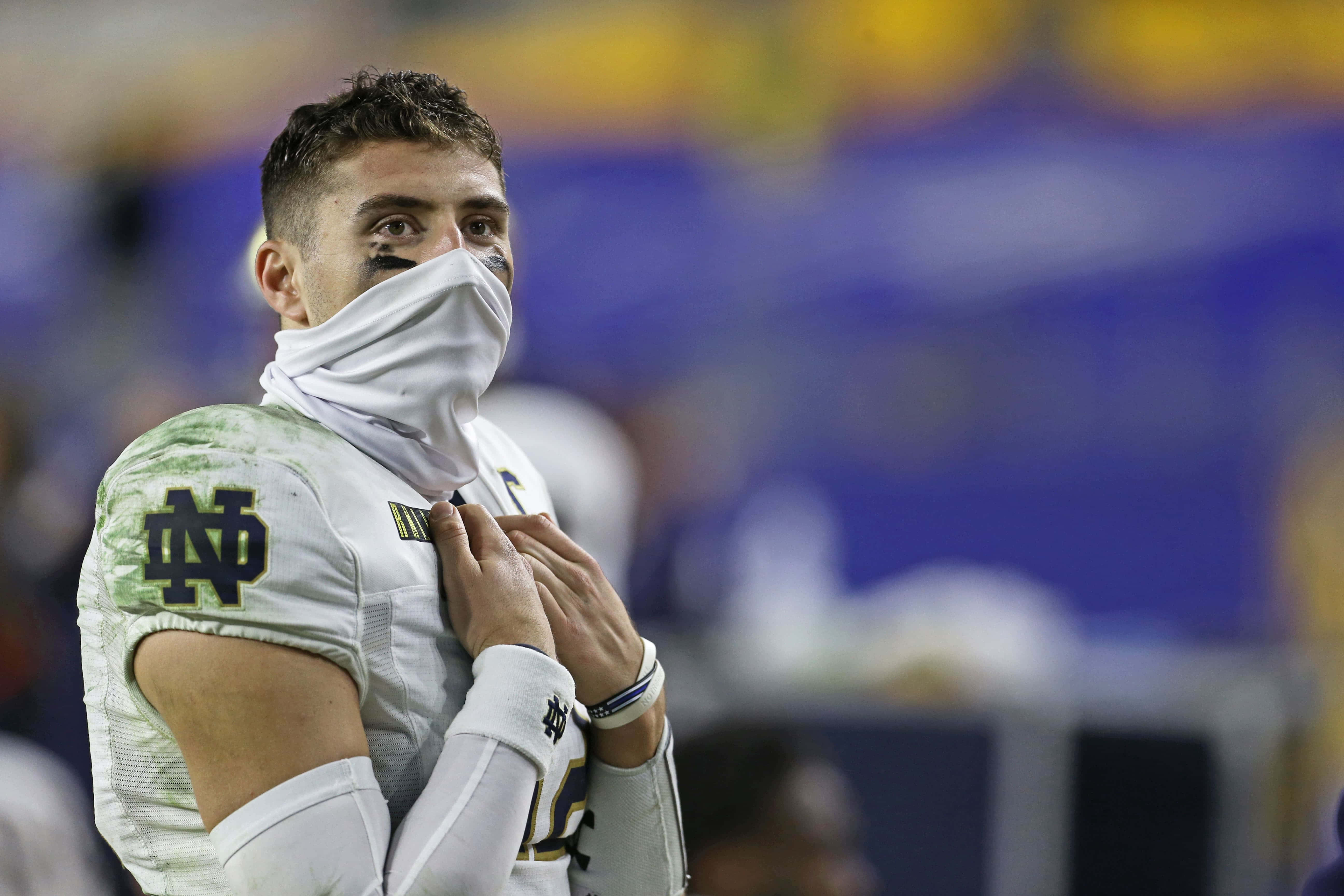 Notre Dame, quarterback, white Notre Dame uniform, 5K Desktop Wallpaper