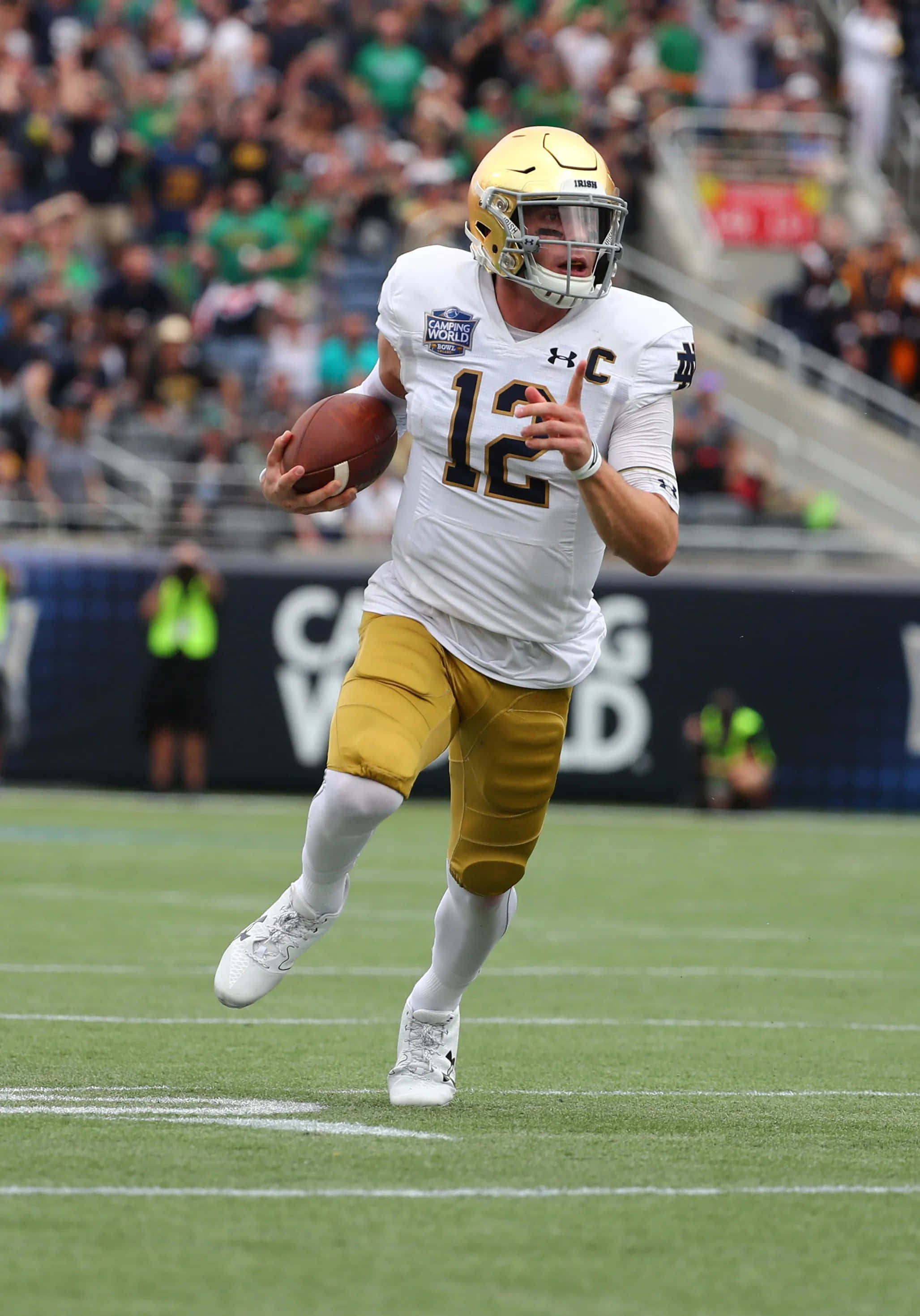 Notre Dame Football, quarterback, white and gold uniform, 2K Phone Wallpaper