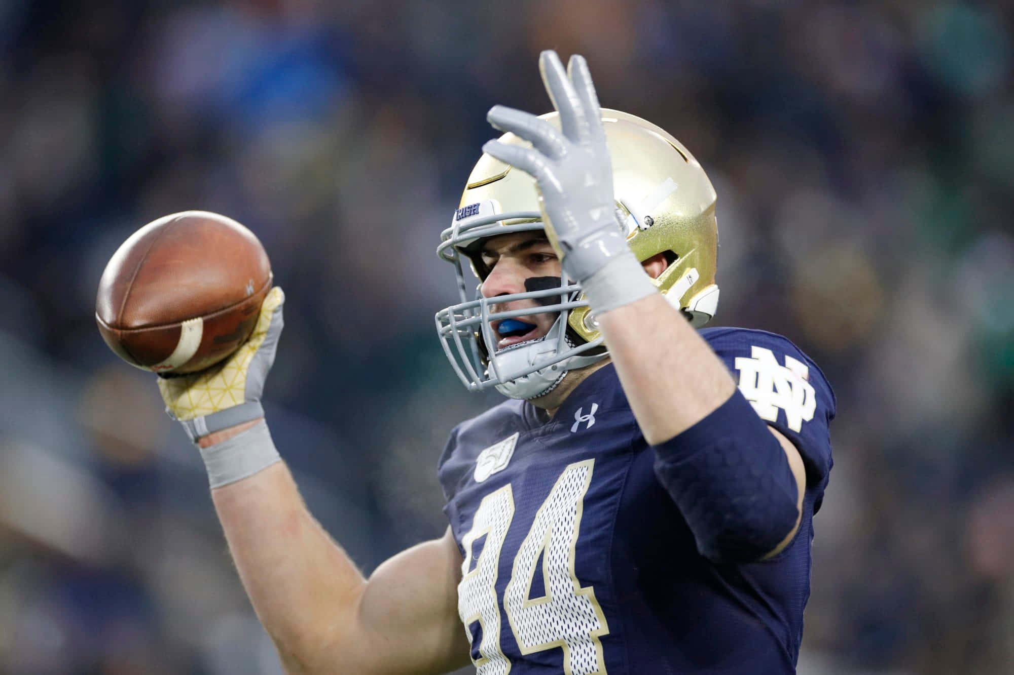 Notre Dame Football, navy blue and gold uniform, stadium lights, Full HD Desktop Wallpaper