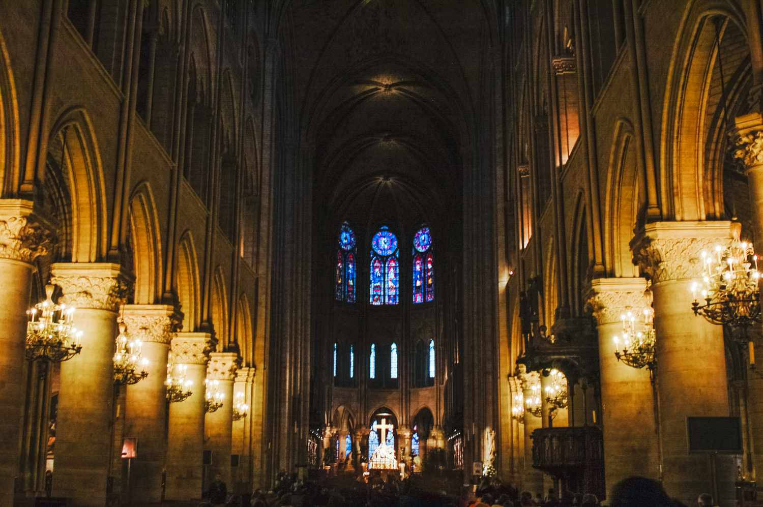Notre Dame, cathedral interior, warm golden light, HD Desktop Wallpaper