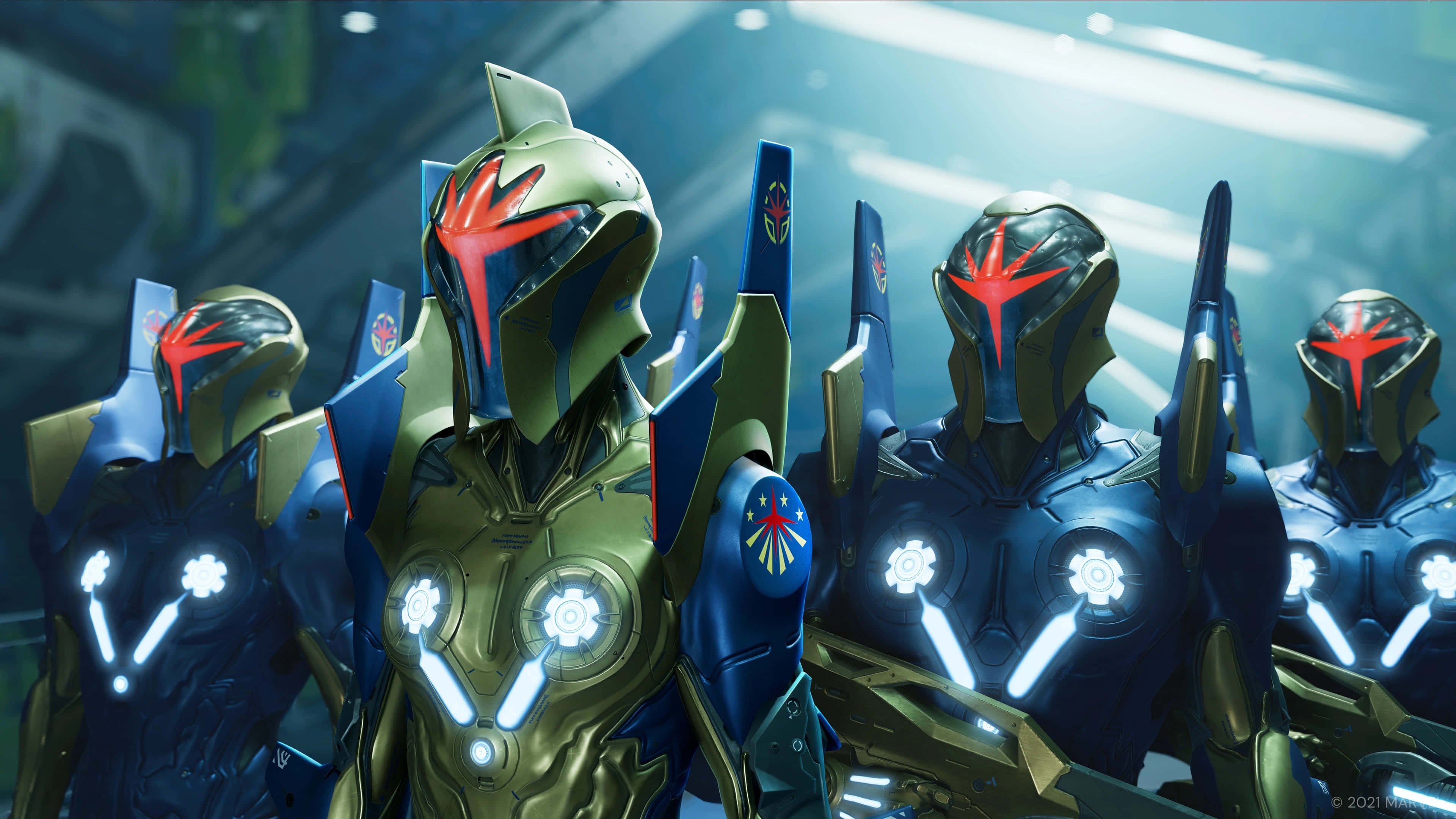Nova Corps, glowing blue and red accents, sci-fi corridor, 4K Desktop Wallpaper