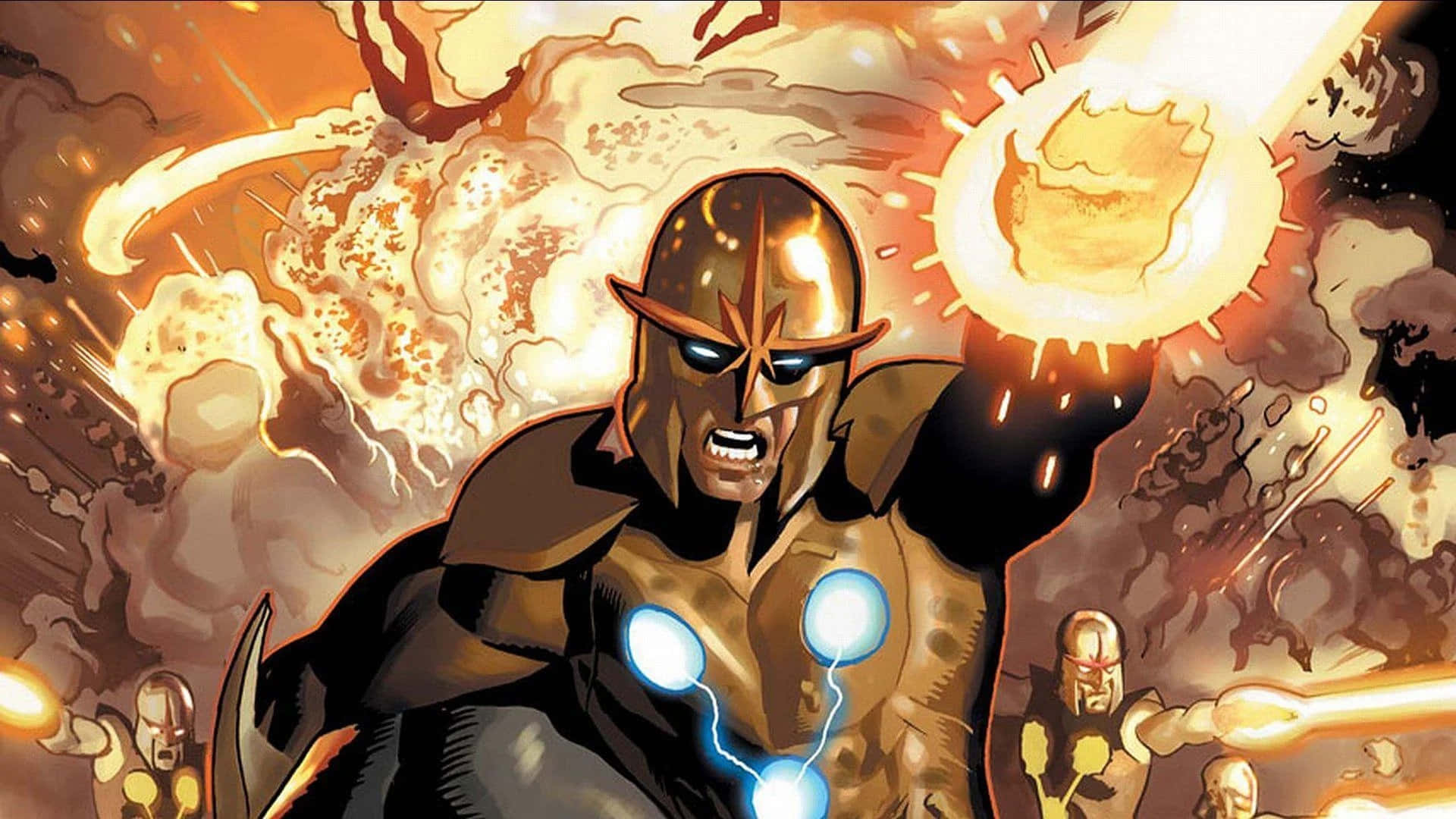 Nova Corps, golden-armored superhero, blazing energy blast, Full HD Desktop Wallpaper