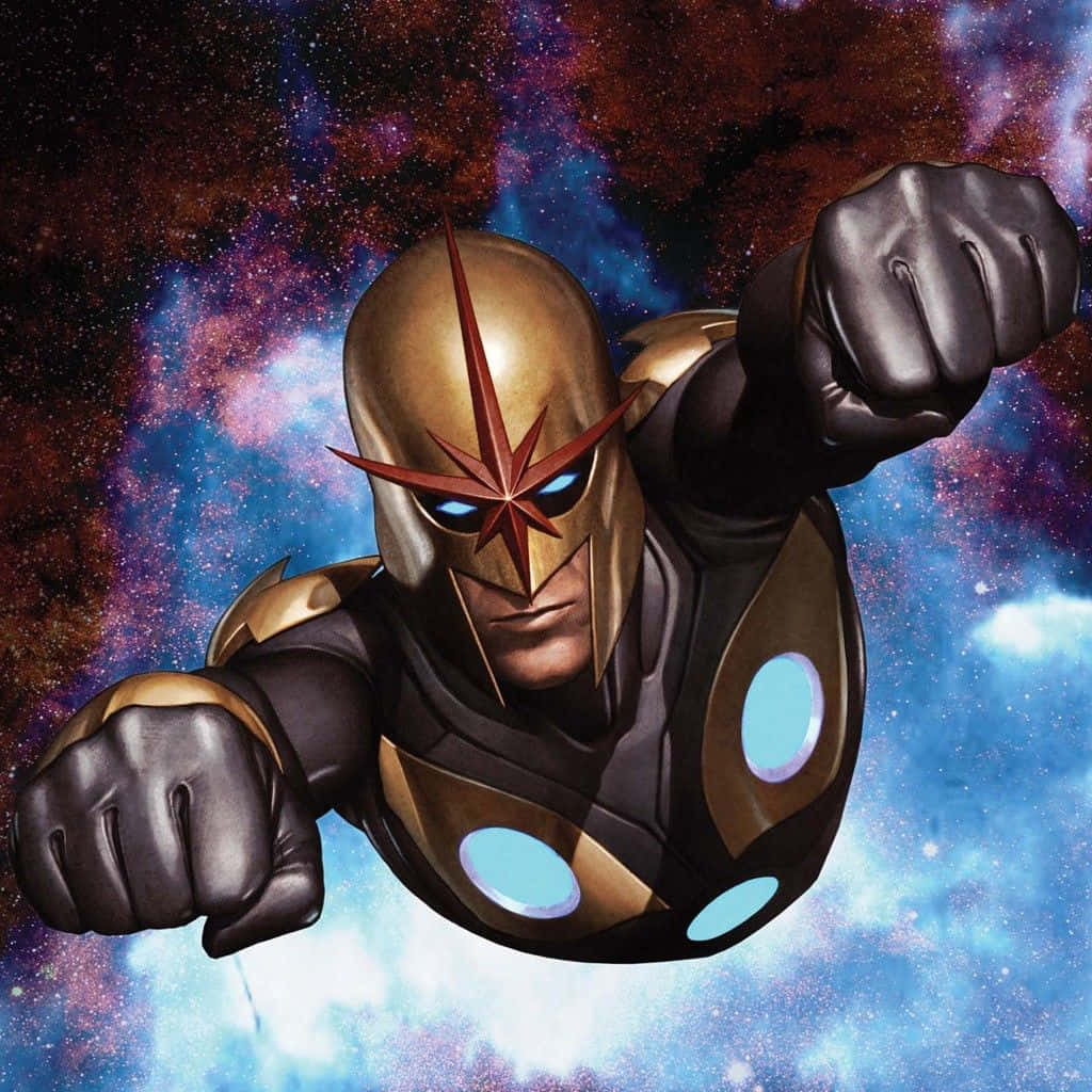 Nova Corps, golden armored superhero, glowing blue eyes, SD Desktop Wallpaper